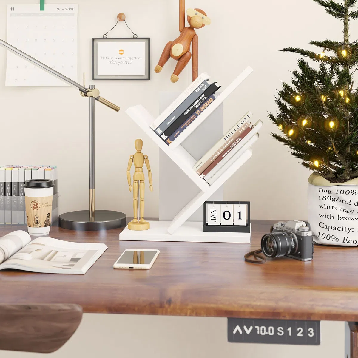 YMYNY Libreria ad Albero, Scaffale a 2 Ripiani, Organizzatore Scrivania, Moderna Autoportante Libri, Salvaspazio Legno Portaoggetti Librerie per Soggiorno, Studio, Ufficio, Bianco HBC012W