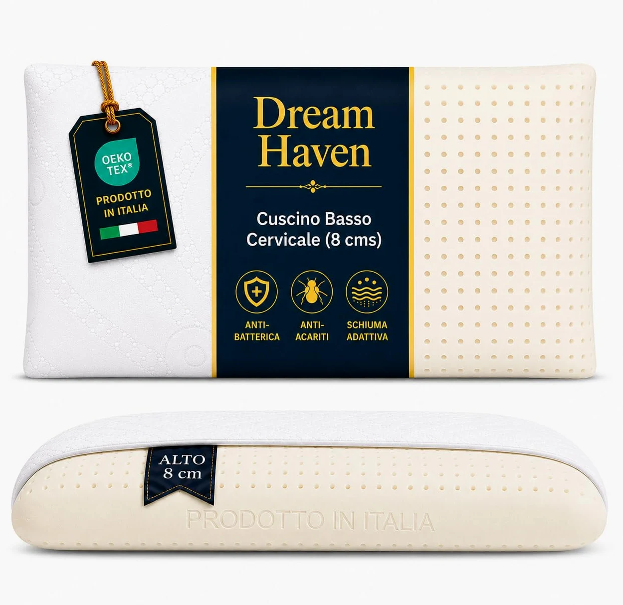 DREAM HAVEN Cuscino Basso Cervicale 8 cm in Memory Foam, Cuscino letto ideale per Bambini, Ragazzi e Adulti, Anallergico e Antiacaro con Federa in Silver, Cuscino Memory Foam 100% Made in Italy (1)