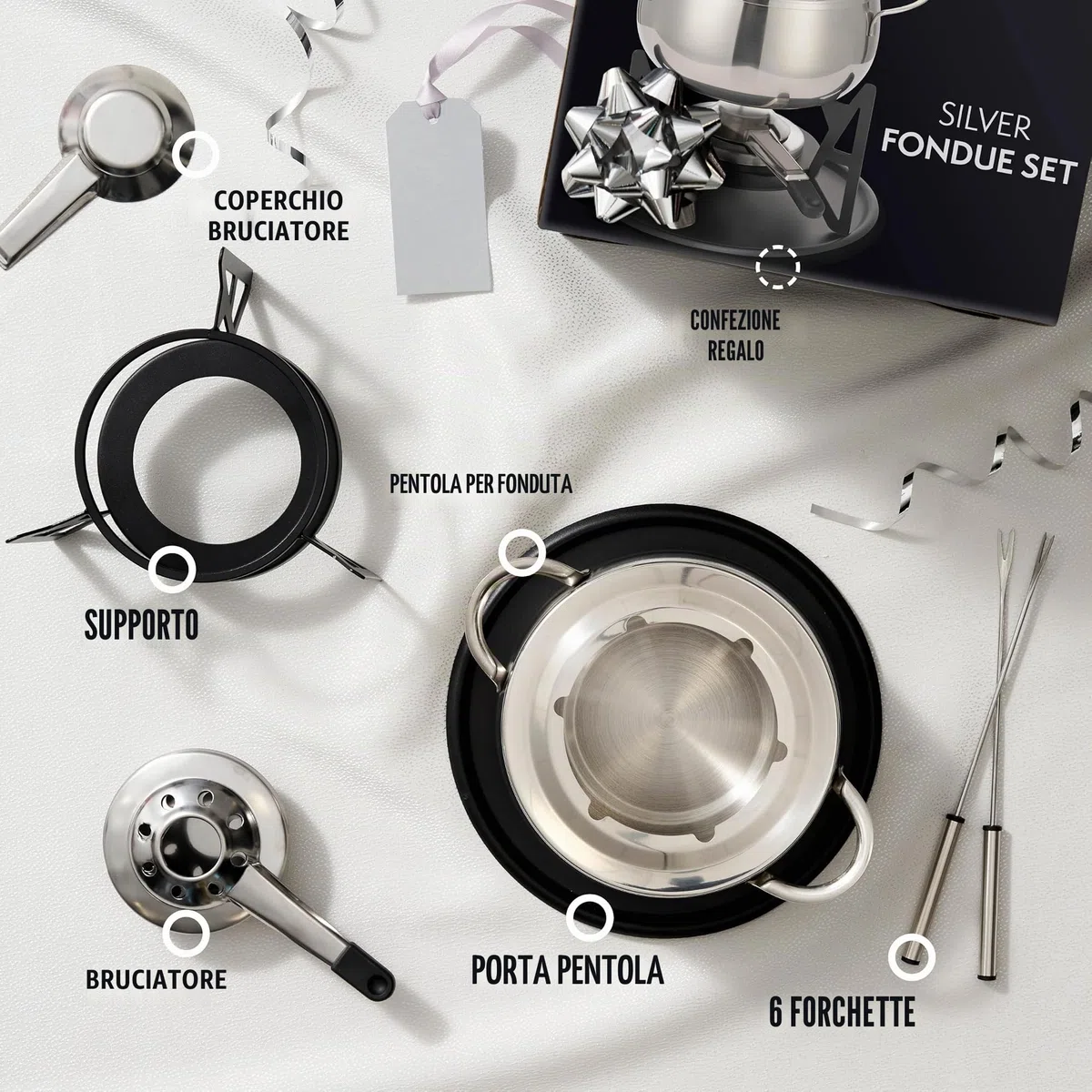 OS Oak & Steel ENGLAND Set da 10 Pezzi per Fonduta Bourguignonne in Argento con Pentole in Acciaio Inossidabile e Confezione Regalo di Design Raffinato