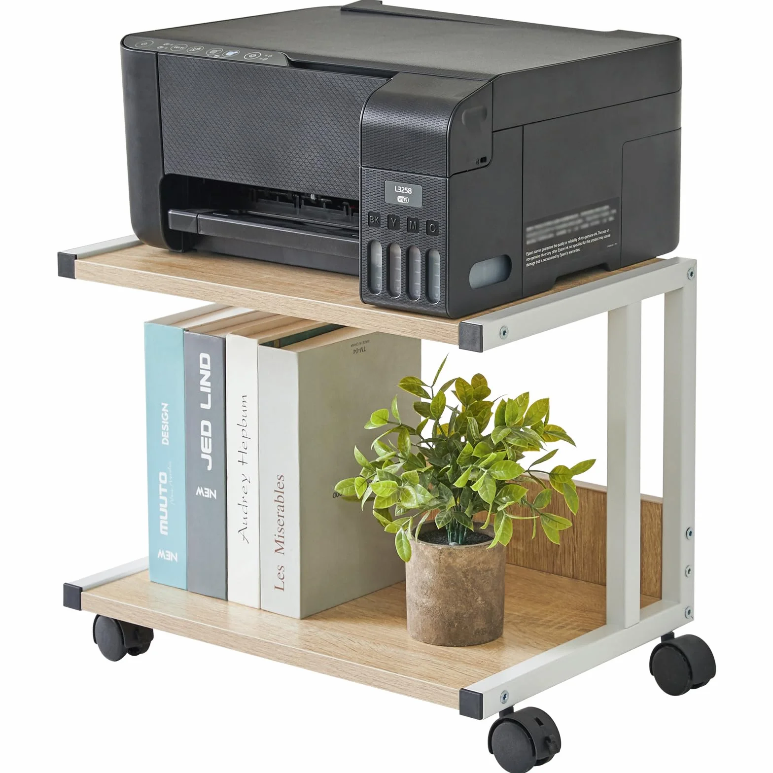 IBUYKE Supporto da scrivania per stampante, carrello stampante a 2 livelli, scaffale organizer da scrivania con 4 ruote, per fax, uso domestico e ufficio TLJ007R
