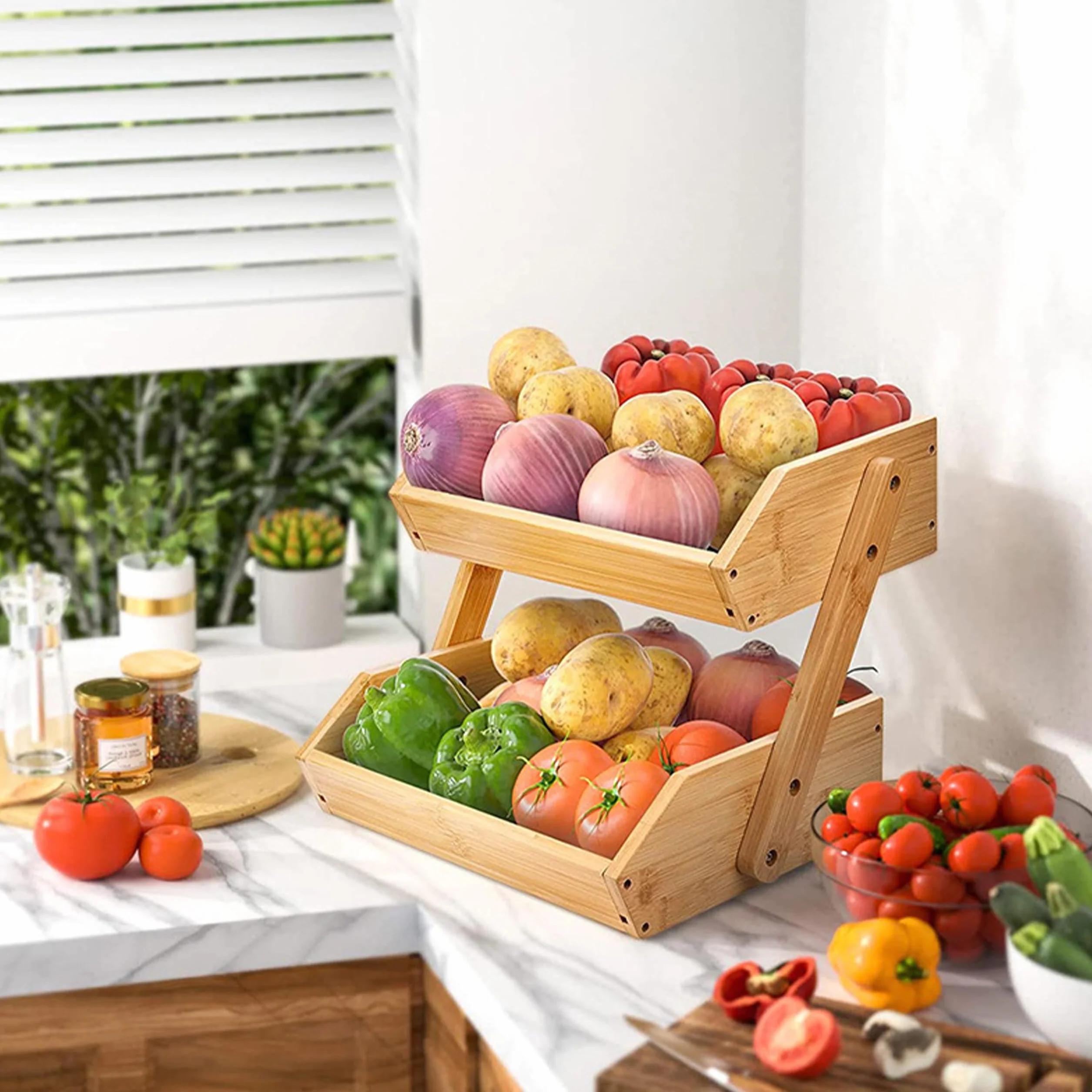 Relaxdays Alzata per frutta in bambù 2 piani, HLP 26,5x30x25 cm, naturale