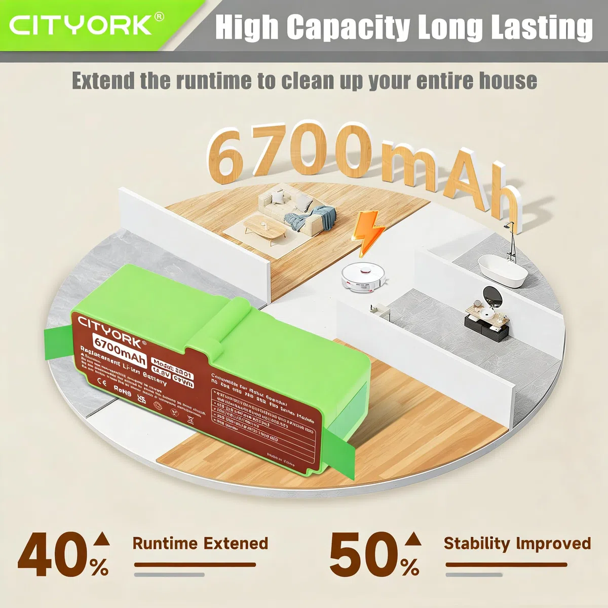 CITYORK 6700mAh Litio Batteria per iRobot Roomba 980 981 985 976 971 960 966 965 900, 880 896 895 890 891 800, 690 695 680 676 675 650 630 615 606, 780 776 760, 560 555 500 iRobot Roomba Batteria