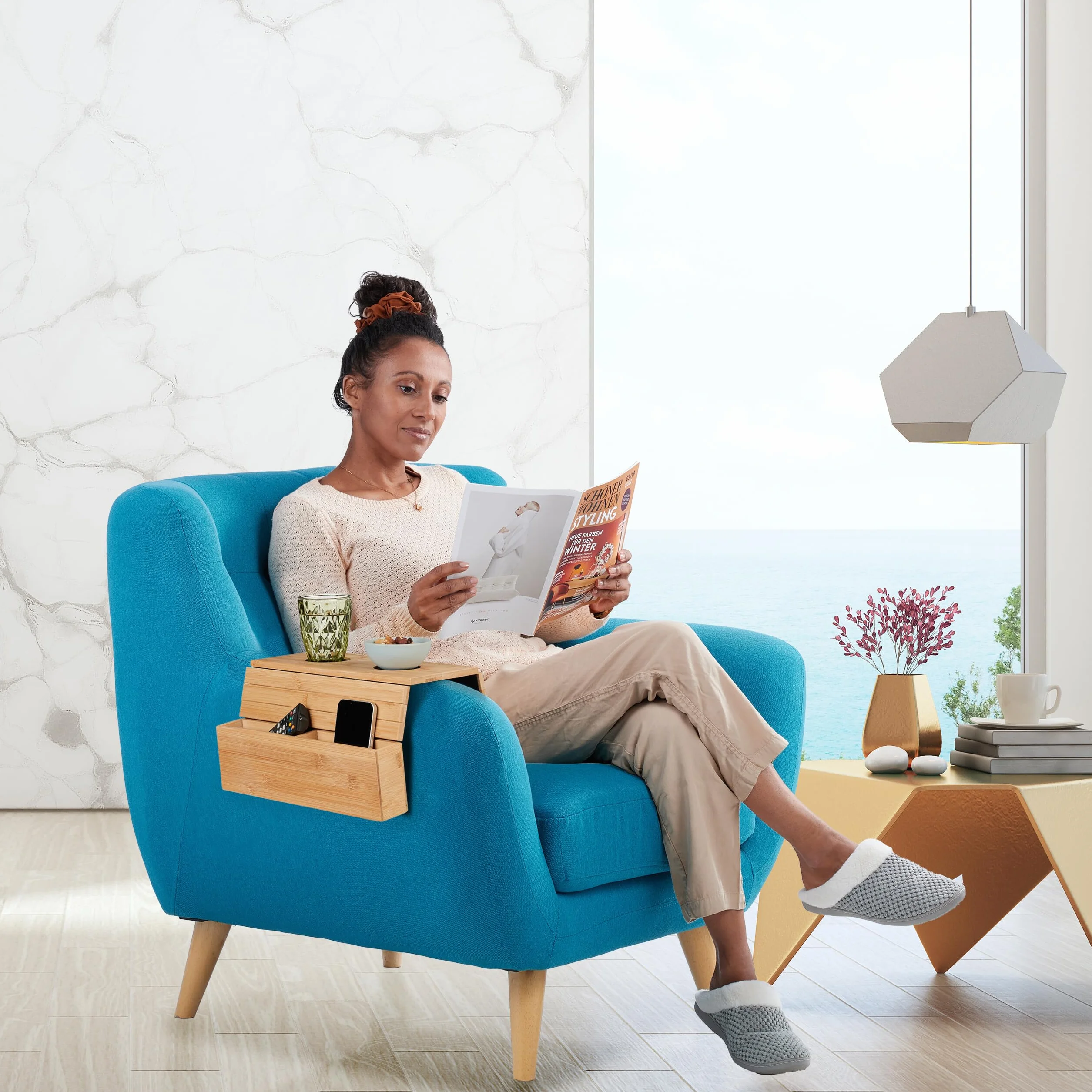 Relaxdays Vassoio per Bracciolo Divano, Tavolino con 2 Scomparti Porta Tazza caffè, HLP: 5,5x50x33,5 cm, bambù, Naturale