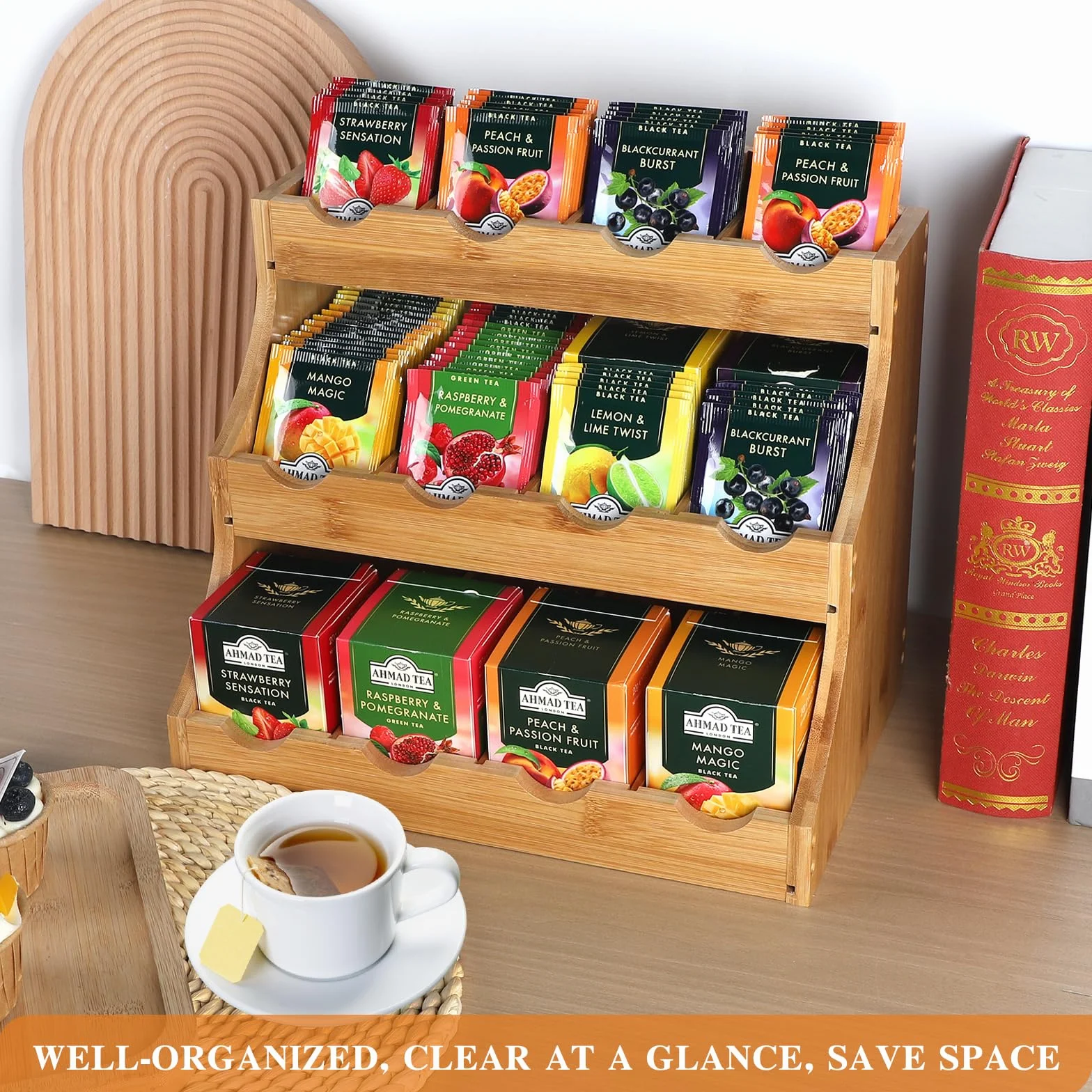 EFUTURETIME Organizzatore di Bustine da Tè in Piedi in Bambù, 30,7 x 25 x 20,5 cm, Porta Tè in Verticale in Legno con 12 Scomparti, per Conservare Tè Sfuso, Bustine, Caffè, Zucchero e Agitatori