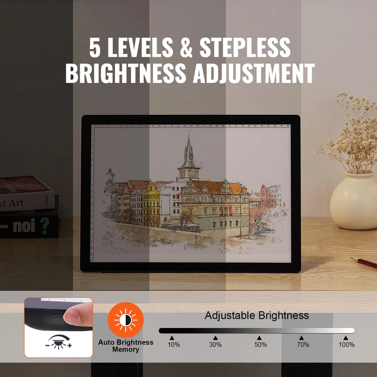 VEVOR Lavagna Luminosa a LED A4, Scatola Luminosa per Pittura con 5 Livelli di Luminosità Dimmerabile, Lavagna Luminosa Ricaricabile per Tracciamento, con Diamanti Animazione Schizzi Disegno, Nero