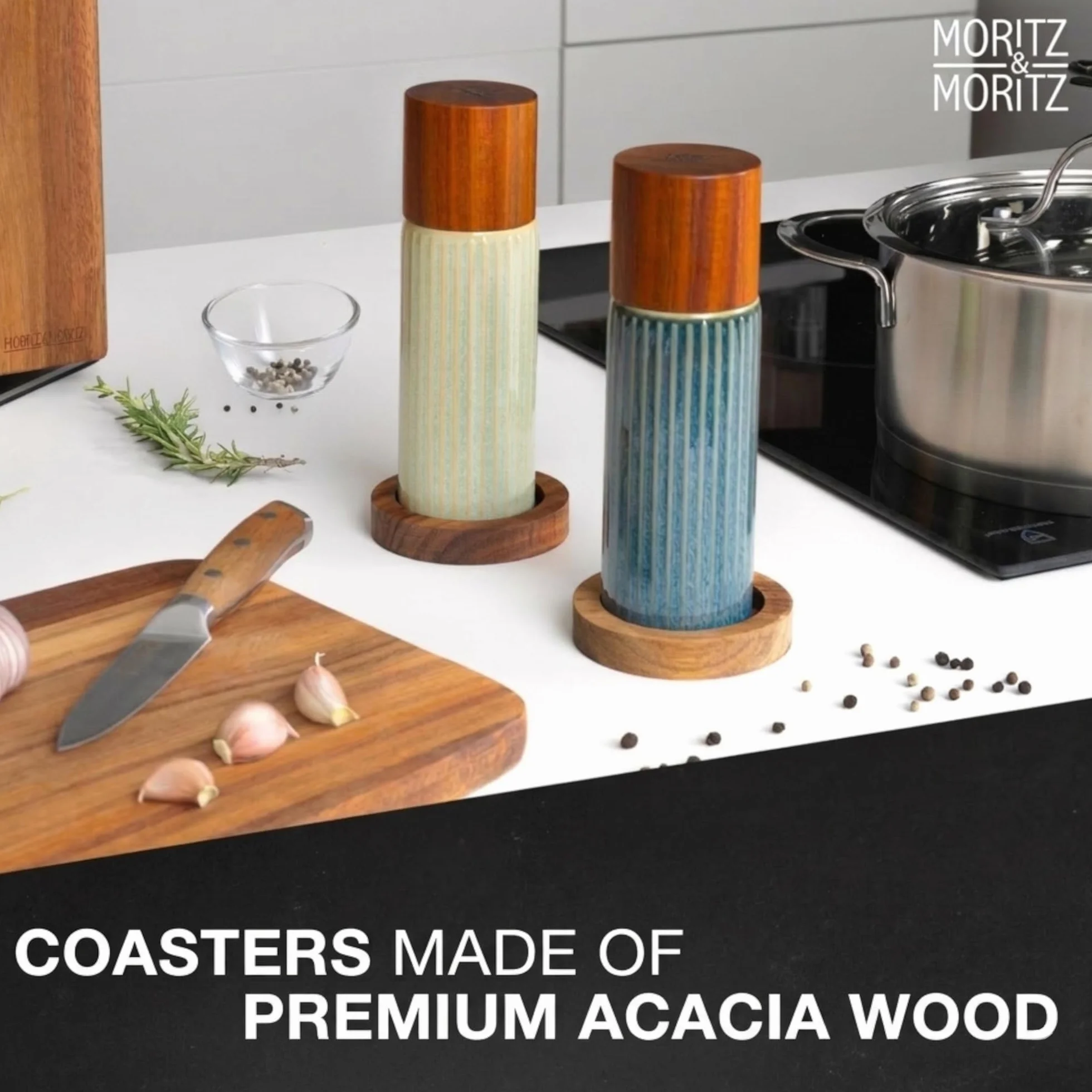 Moritz & Moritz PEPE Set 2 Macinaspezie Blu/Verde – Macinapepe e Macinasale in Ceramica, Legno di Acacia e Gres, Regolazione Macinatura, Ricaricabili per Sale, Pepe e Spezie