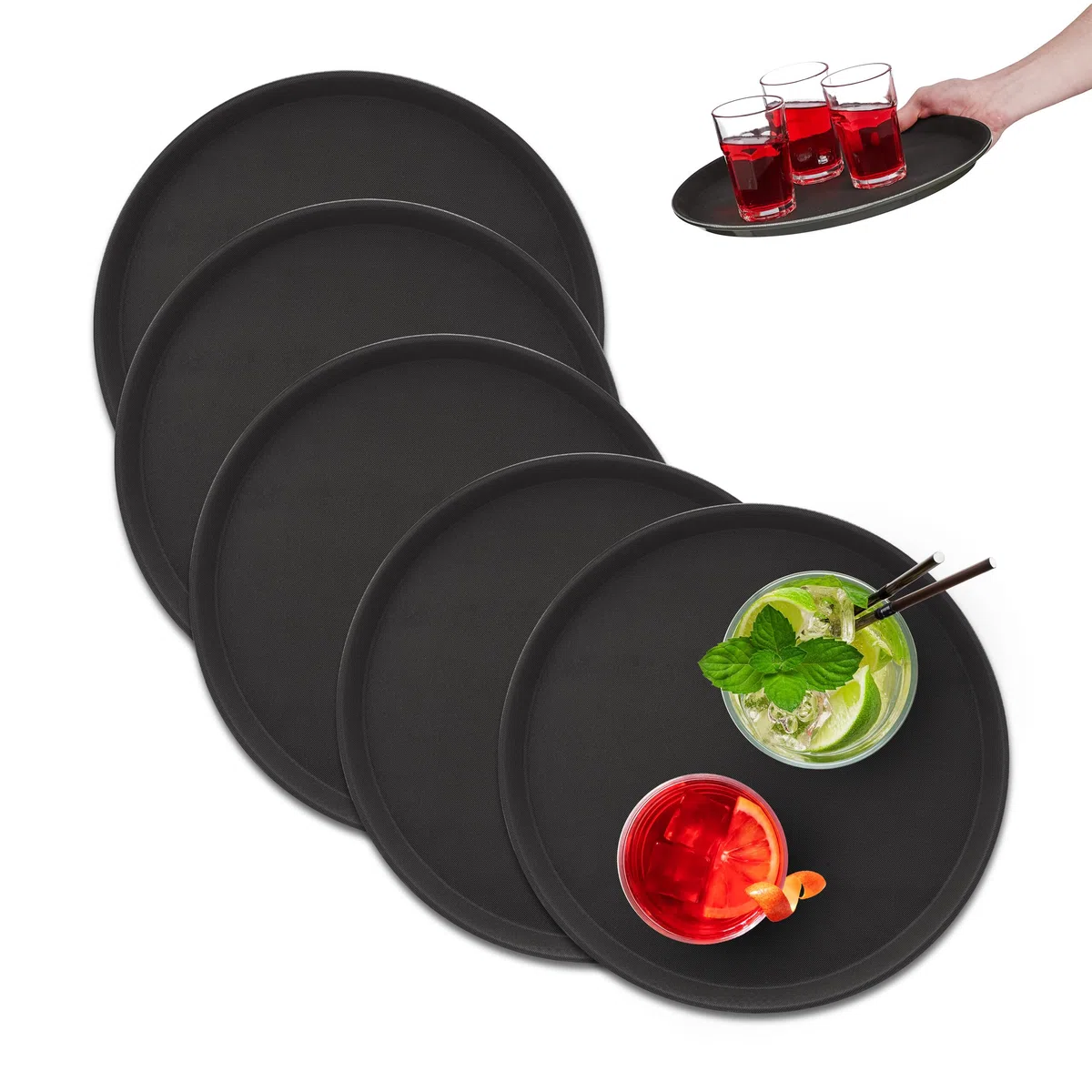 Relaxdays Vassoio Antiscivolo, Set da 5, Rotondo Ø 35 cm, da Portata, per Servizio Ristorante, Bar, Cucina Casa, Nero