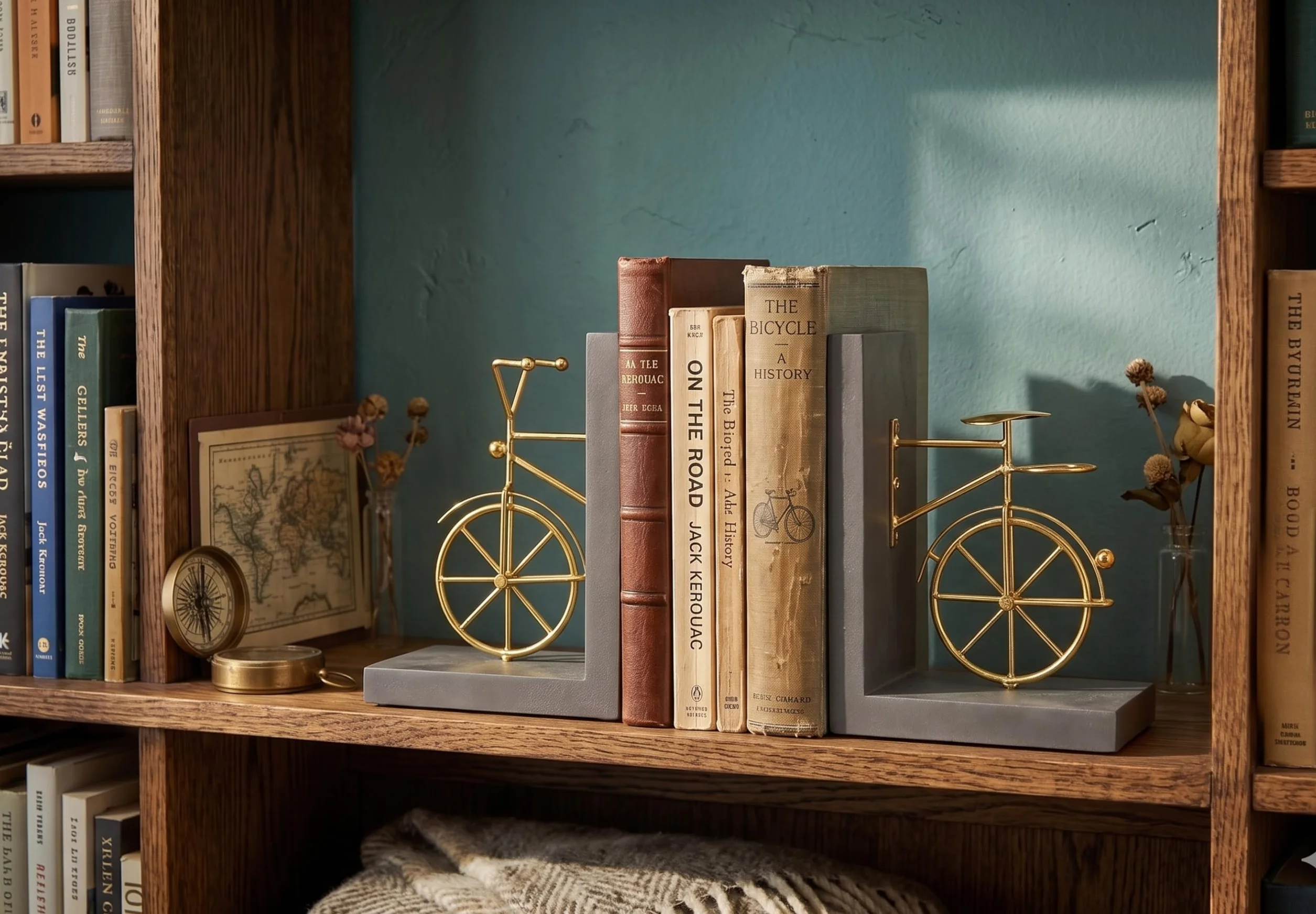 fermalibri per biciclette, fermalibri decorativi con fondo antiscivolo, supporto per libri in legno e metallo, espositore per libreria da ufficio, 1 paio, dorato e marrone