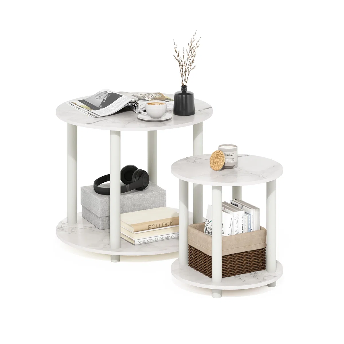 Furinno Turn-N-Tube Tavolo Rotondo in Legno a 2 Livelli, ingegnerizzato, Marmo Bianco, 1-Confezione