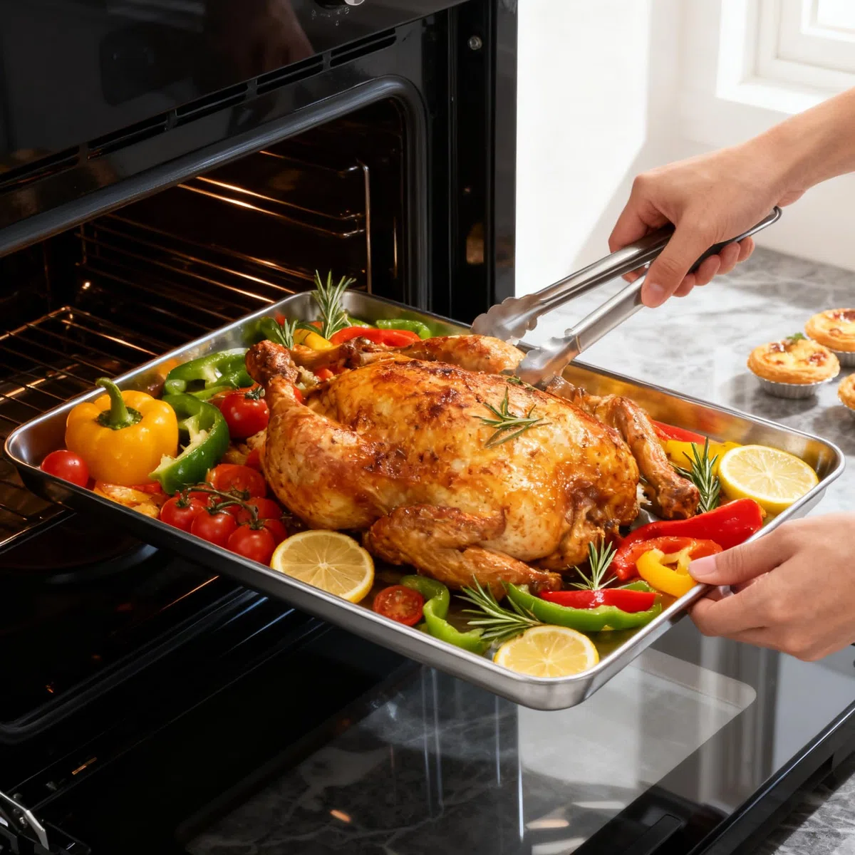 Set di 3 teglie da forno professionali in acciaio inox, 40,5 x 30,5 x 2,5 cm, lucidate a specchio e antiruggine, ideali per cuocere e arrostire