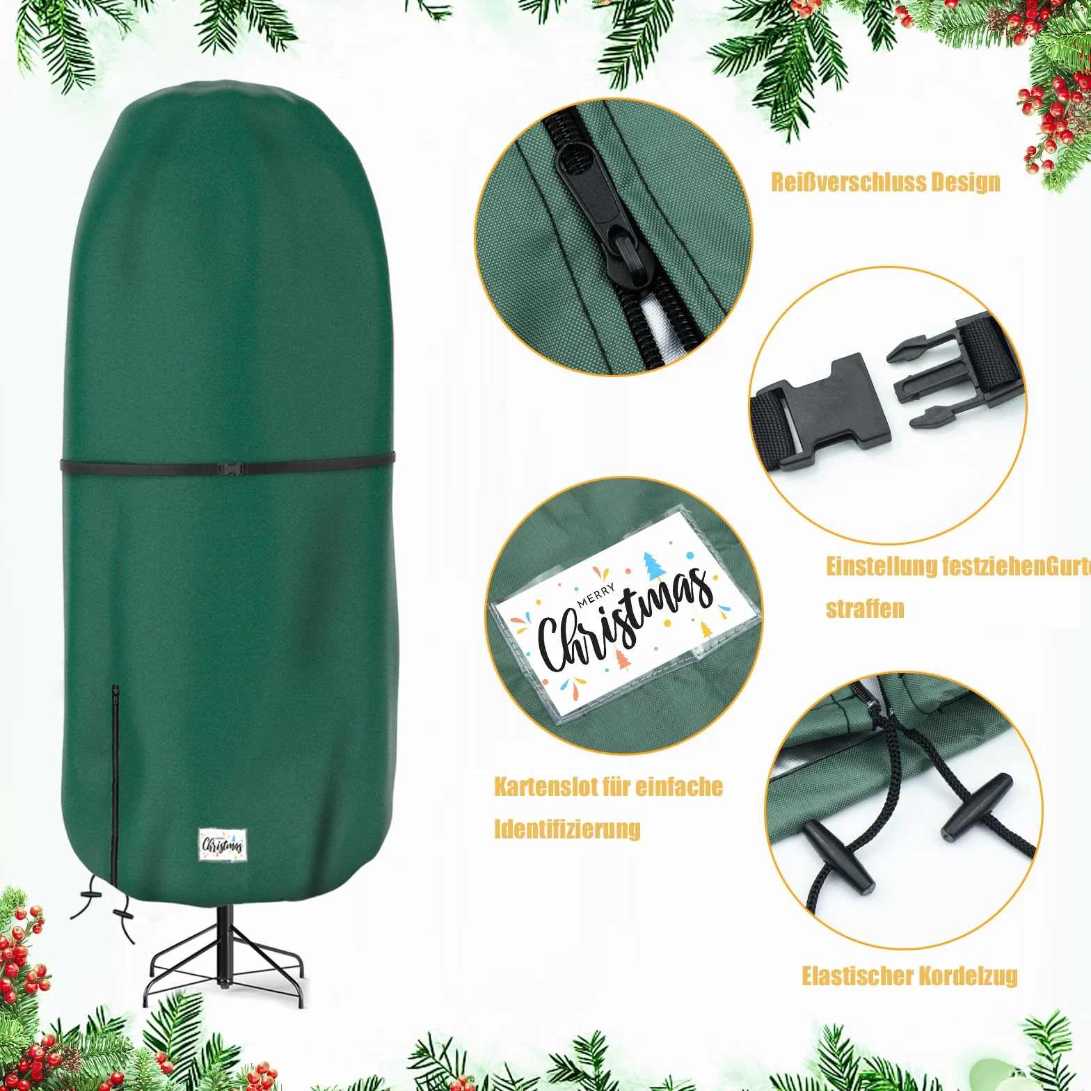Copertura verticale per la conservazione dell'albero di Natale, copertura regolabile antistrappo per albero di Natale, borsa per la conservazione di albero artificiale in piedi con ornamenti