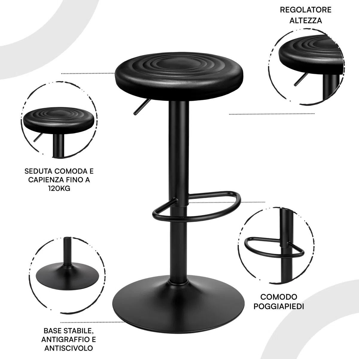 Baroni Home Sgabello Girevole Senza Schienale, Altezza Regolabile, in Ecopelle e Acciaio, Per Sala da Pranzo, Cucina, Bar, Leggero e Montaggio Facile, 39x36x55-76 cm, Nero, 1 Pezzo