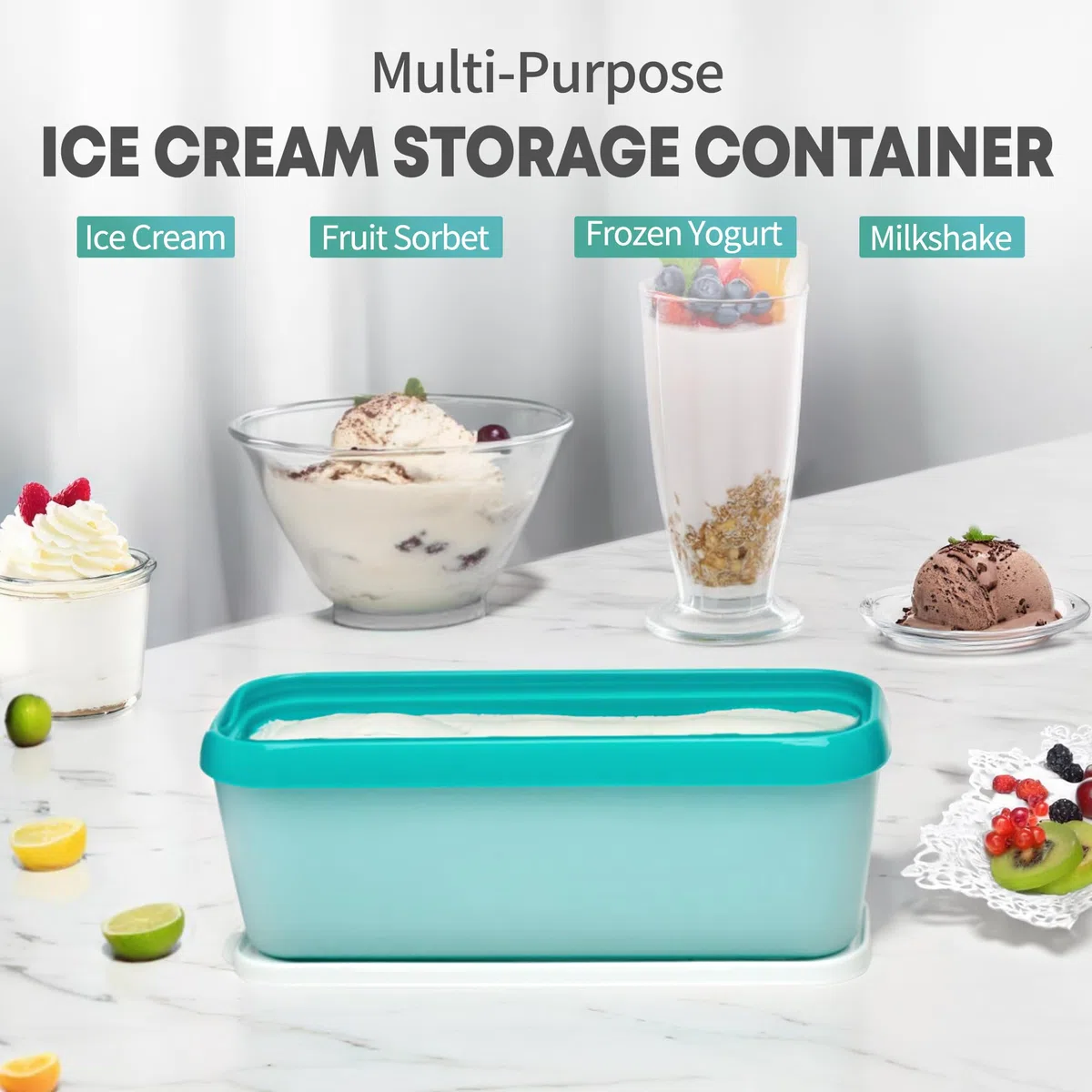 SveBake Vaschetta per Gelato con Coperchi - 2 Pezzi Contenitori Gelato Freezer, Recipienti da 1,4 L Riusabili per la Conservazione di Gelato Fatto in Casa, Sorbetto | Verde e Turchese