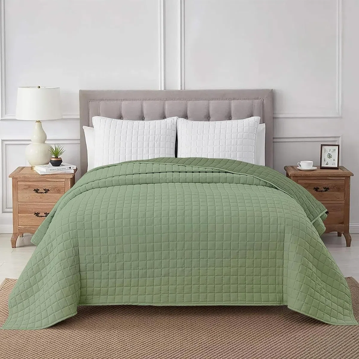 IL BOTTEGONE Copriletto Trapuntato Trapuntino Matrimoniale Primaverile Estivo Made in Italy, Trapunta Leggera 2 Piazze 260x260 cm Primavera Estate Autunno (Verde/Salvia)