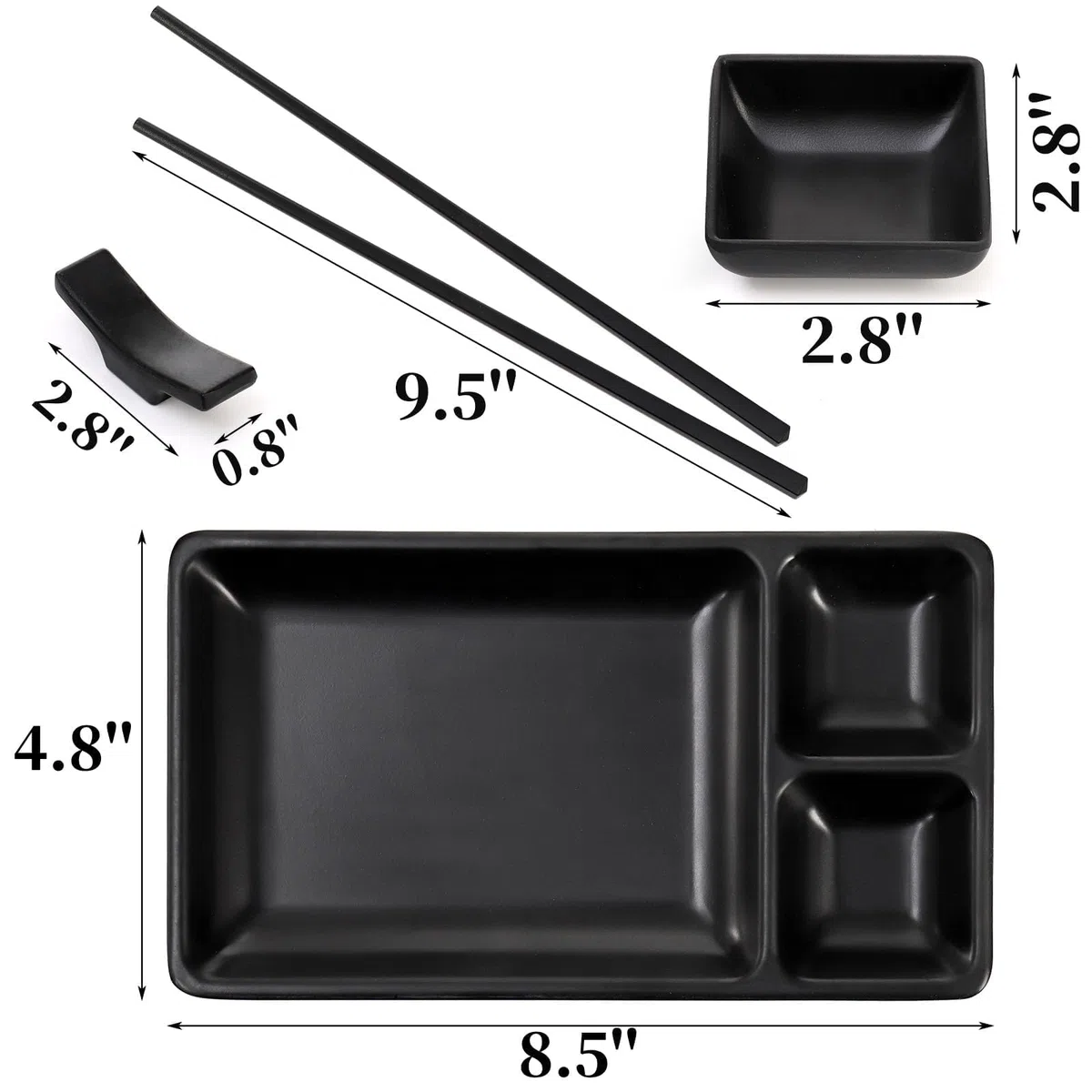 Pumtus Set di piatti giapponesi per sushi, 16 pezzi, in melamina, set di stoviglie per sushi, include 4 piatti da portata per sushi, 4 piatti per salsa di soia, 4 paia di bacchette, 4 supporti per