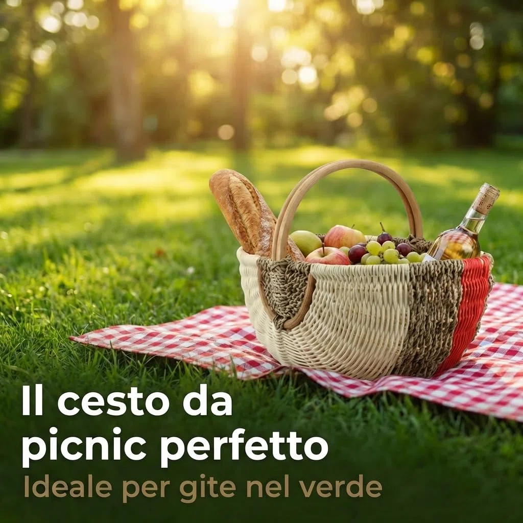 Grande Cesto per la Spesa in Rattan e Alghe – Cesto da Picnic Intrecciato a Mano con Manico – 48x33x24 cm – Robusto Cesto da Mercato e Auto – Design Vintage – Rosso