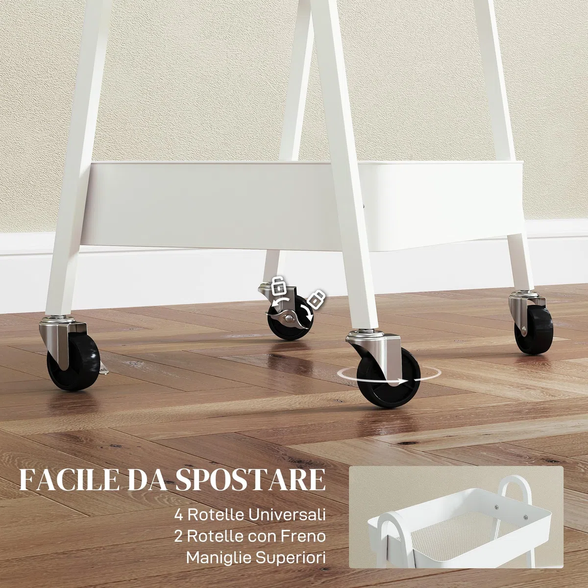 HOMCOM Carrello da Cucina a 3 Livelli con Ruote Girevoli e Maniglie, Carrello Portaoggetti Multiuso con Freni per Salotto, Soggiorno e Bagno, 42.4x29.8x74.5 cm, Bianco