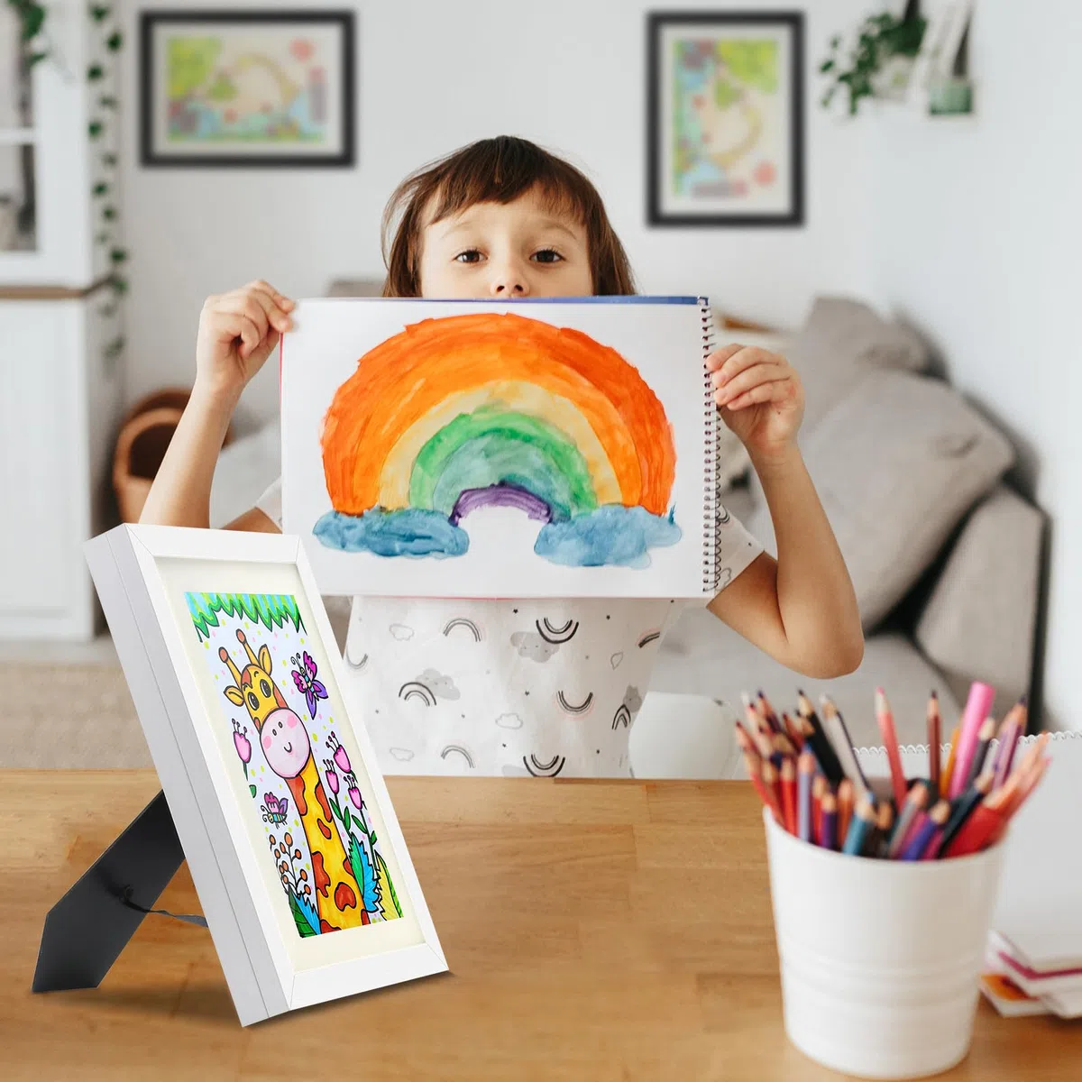 Cornice Porta Disegni per Bambini,2 pezzi Cornici Artistiche per Bambini Cornice A4 cornice pieghevole apertura frontale,Contiene Fino a 150 Opere d'arte Bordo in legno, Bianco