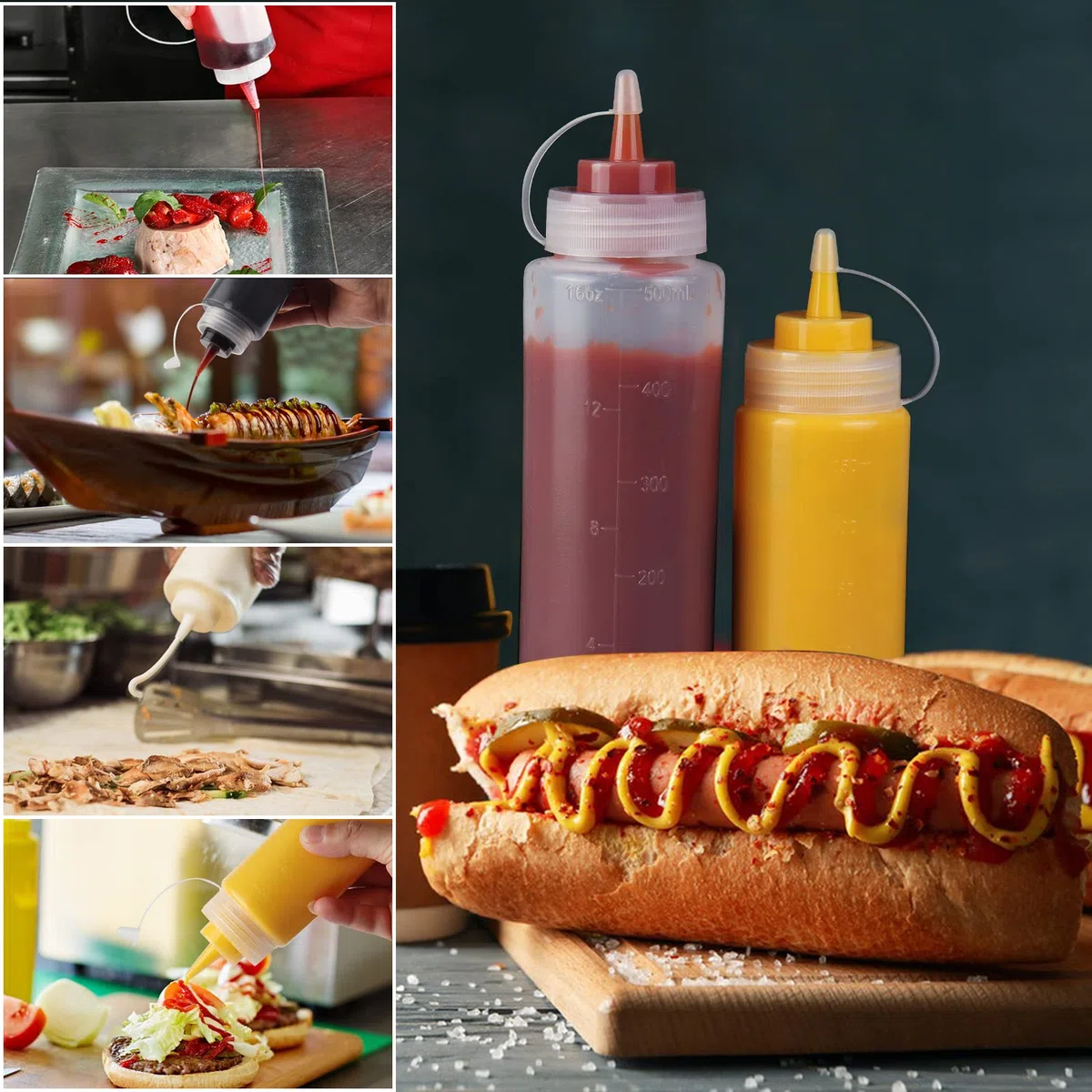 Flaconi Spremibili da 16oz 32oz, Confezione da 10 Flaconi da 500ml 1000ml per Condimenti Spremibili, Dispenser Spremibili in Plastica con Misurazioni per Ketchup, BBQ, Salse, Sciroppo