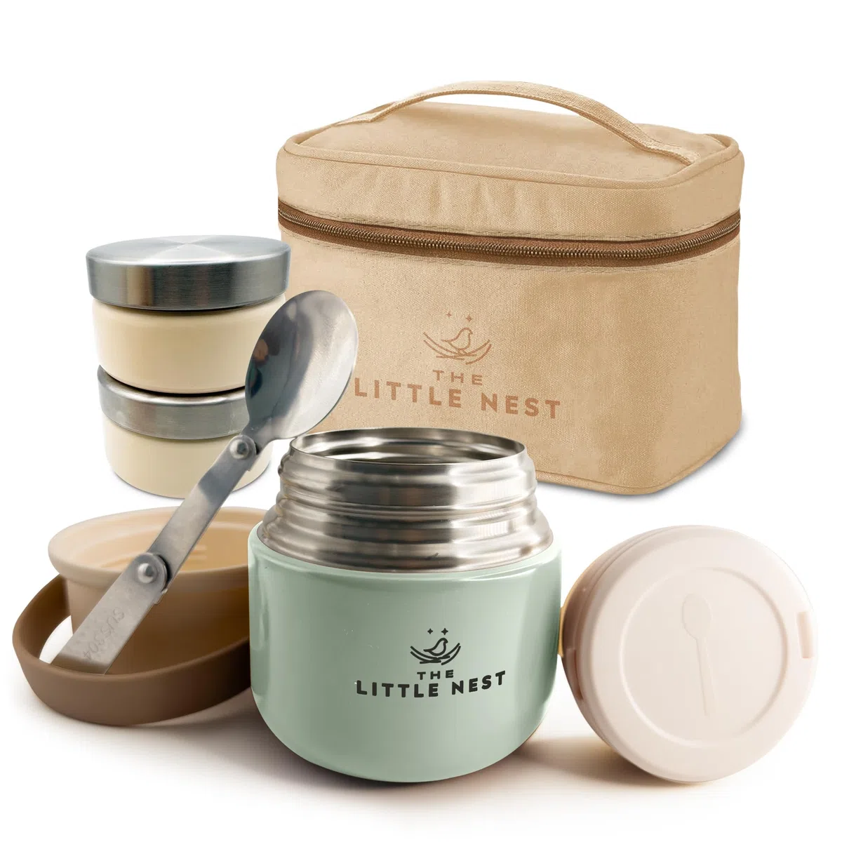 Set Thermos per alimenti per bambini 300 ml, in acciaio inox, 2 contenitori e custodia termica, chiusura ermetica, isolamento a doppia parete, mantiene caldo e freddo, senza BPA