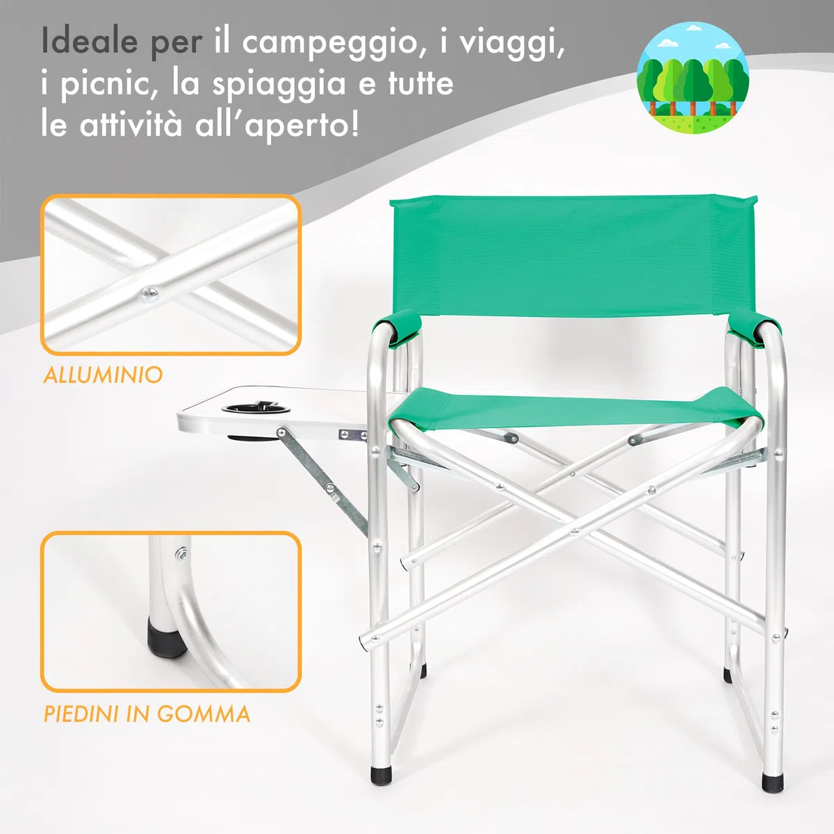 IlGruppone Sedia Sgabello Regista Poltrona Pieghevole in Alluminio Lavabile Leggera Lavabile con Tavolino Porta Bibite Incluso Campeggio Mare Spiaggia - Petrolio