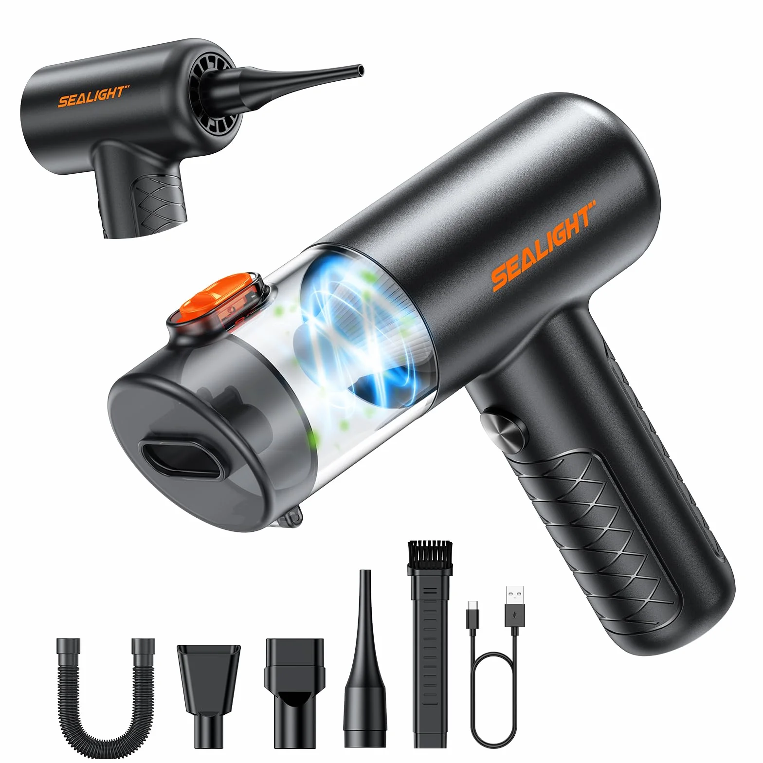 SEALIGHT Aspirabriciole Senza Fili, 32000PA 4 in 1 Aspirapolvere per Auto Portatile, 400000 RPM Motore Brushless, Aspiratore e Soffiatore Mini Aspirabriciole Senza Fili Potente per Auto Casa