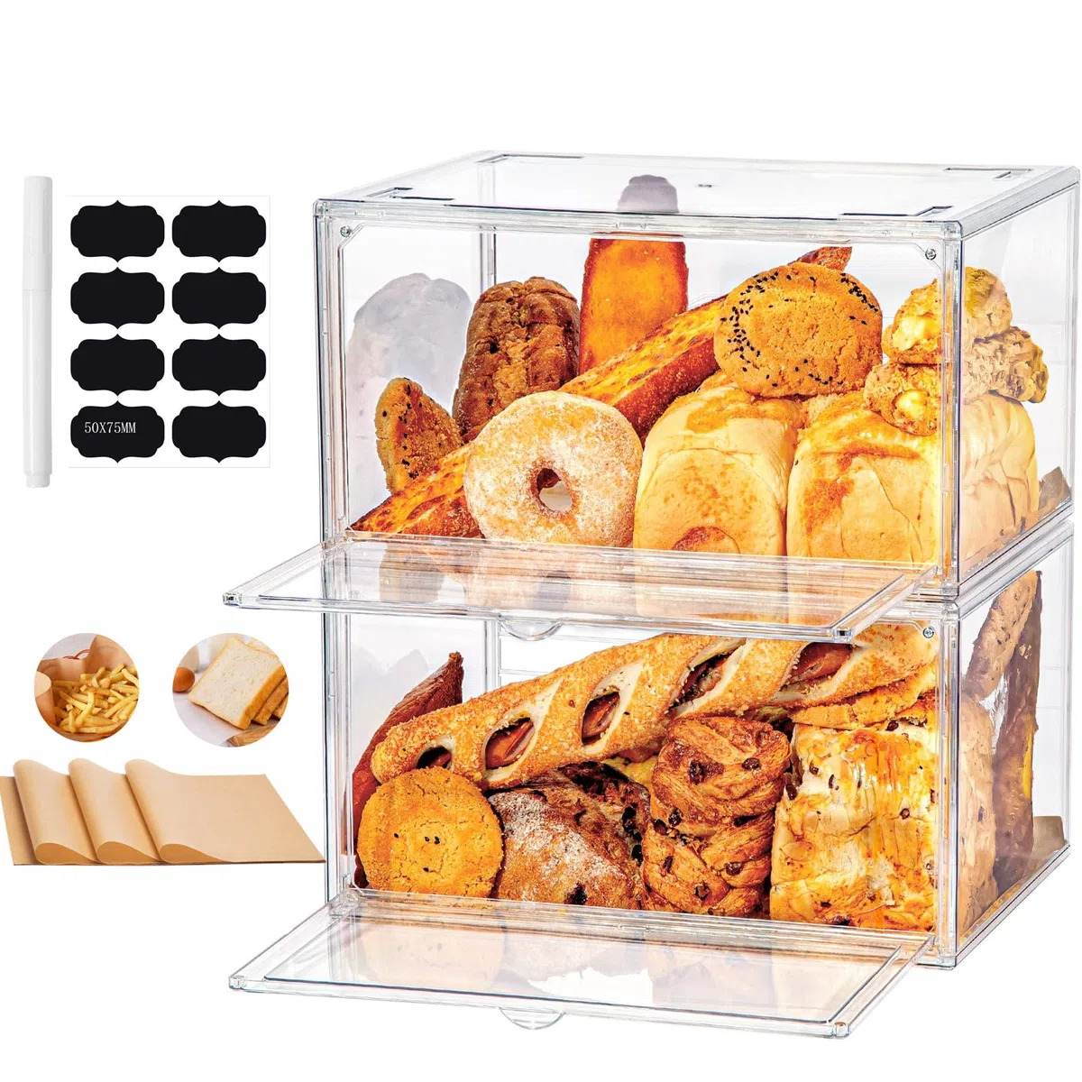 Porta Pane da Cucina Portapane Trasparente con Partizione 50-Carta Forno 8-Etichette Porta Brioches da Bar Vetrinetta Espositiva Porta Fette Biscottate (wu-mbh-transparent-h)