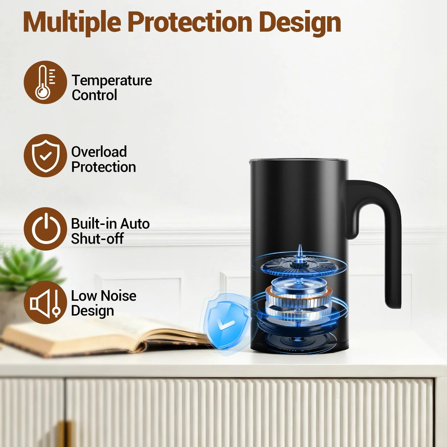 Montalatte Elettrico 4 in 1 Cappuccinatore Elettrico 300ML 600W Silenzioso con Manico per Caldo e Freddo Schiuma di Latte Rivestimento Antiaderente per Latte Cappuccino Macchiato