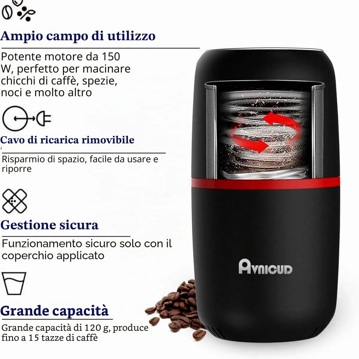 macina caffe' elettrico - Macinacaffè capacità 120 g macina spezie per noci spezie cereali peperoni 150 W mulino elettrico con spazzola nero
