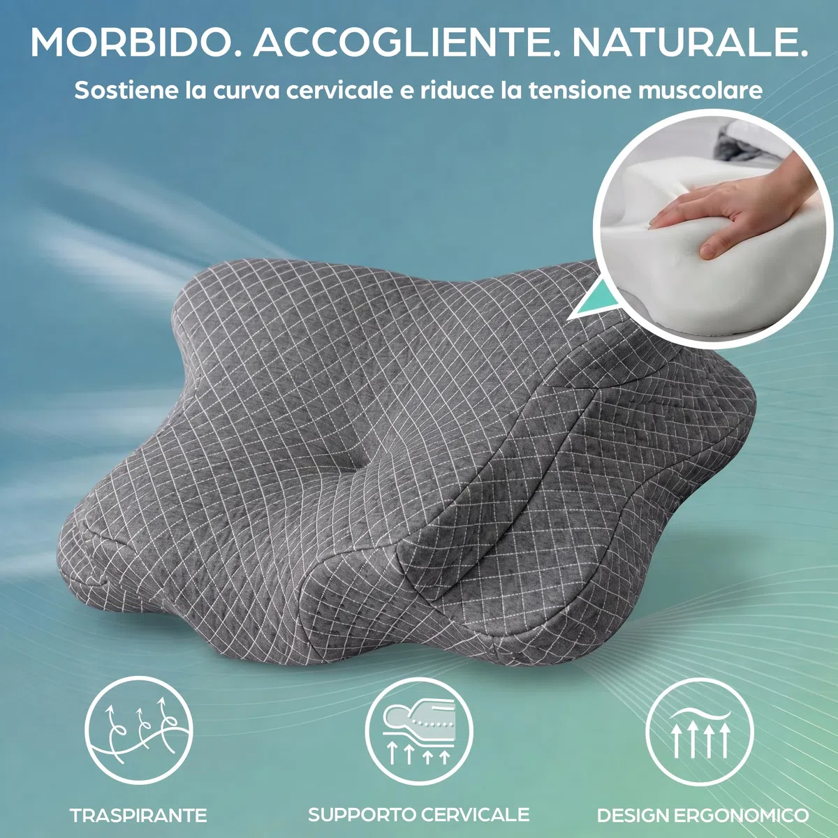 Cuscino Cervicale per Dormire | Cuscino Memory Foam Cervicale Anatomico OEKO-TEX | Cuscino per Cervicale Ergonomico Supporto al Collo | Guanciale Anallergico Sfoderabile e Lavabile Federa Traspirante