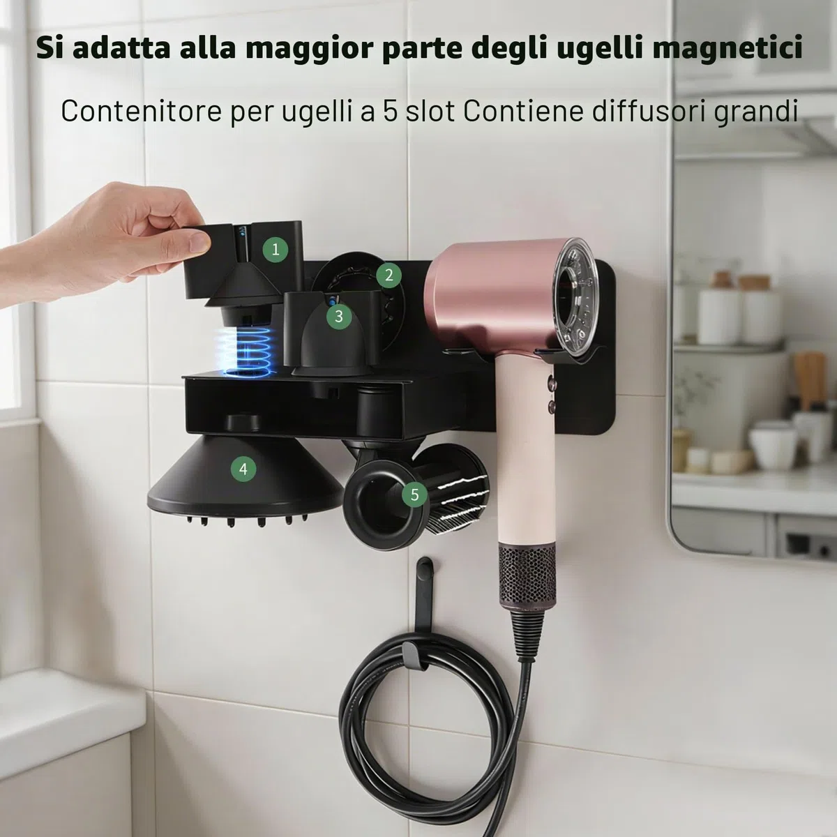 6-in-1 Porta Phon in Metallo Senza Foratura Compatibile con Dyson Supersonic Nural HD16 e HD19, Porta Phon a Parete con Supporto per la Spina, 5 Bocchette Diffusori, 29 * 12cm