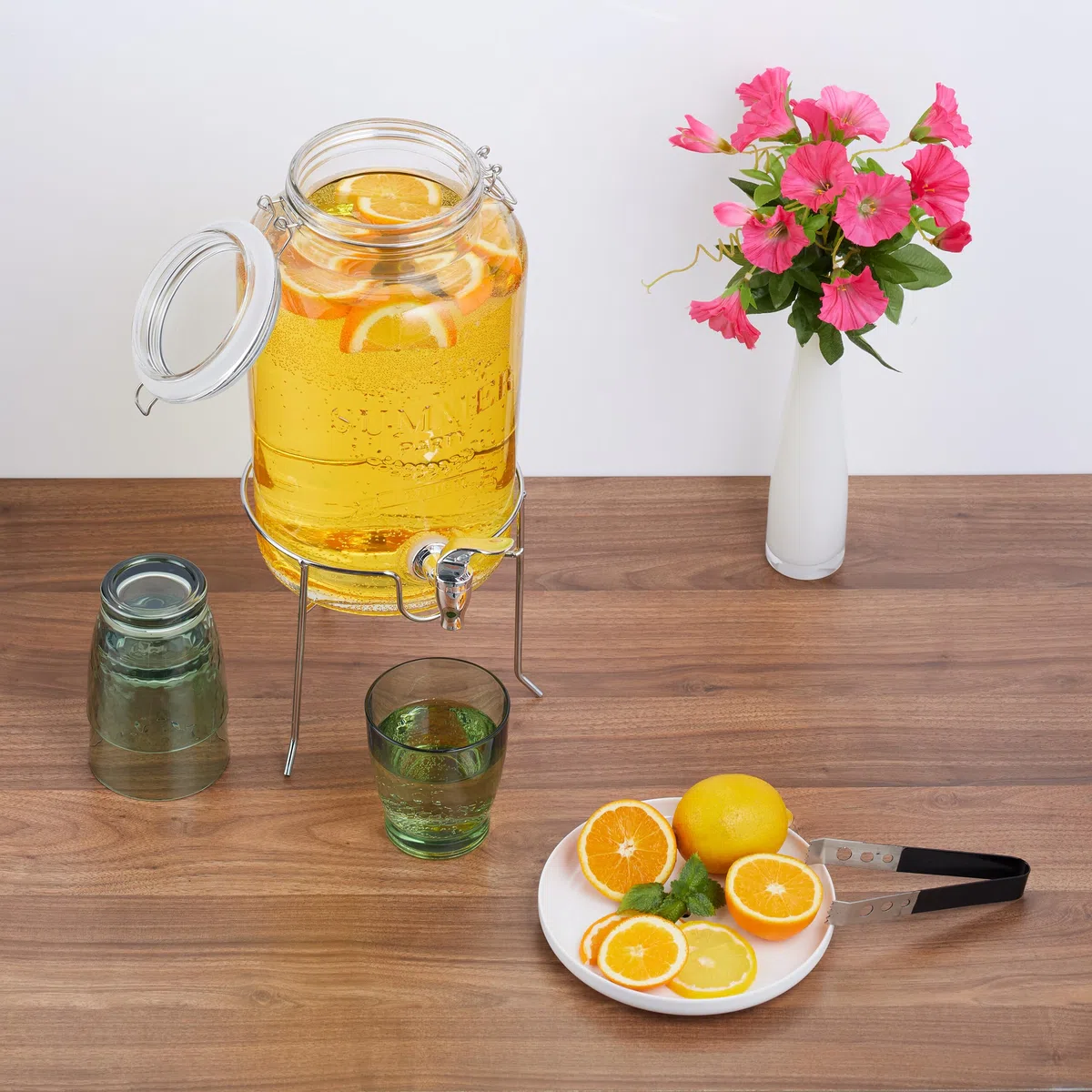 Relaxdays Dispenser in Vetro per Bevande, Erogatore 5 L Rubinetto, Coperchio e Rialzo, Distribuitore Acqua e Limonata