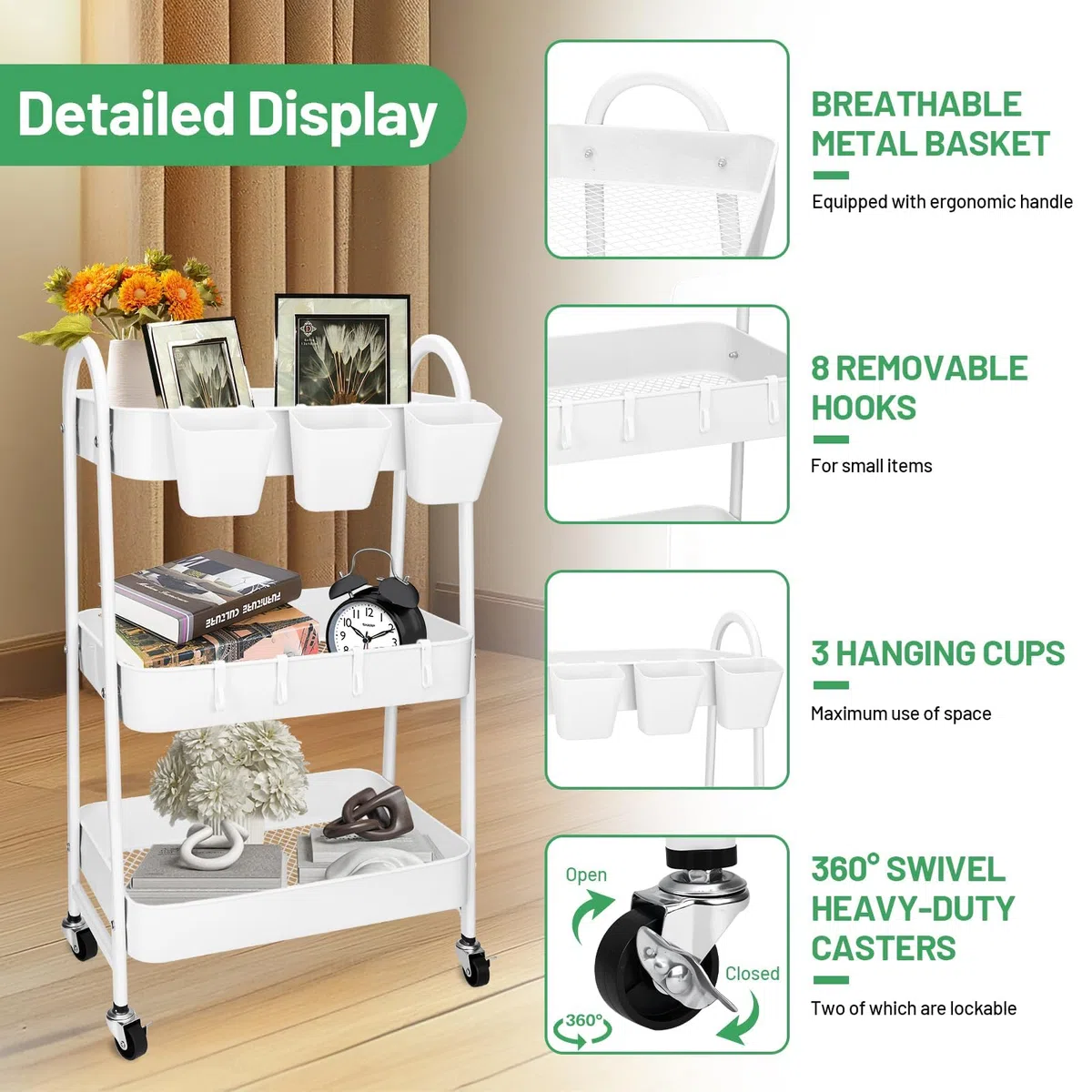 JOYBOY Carrello Portaoggetti,Carrellino Cucina,Carrello in Metallo con 3 Ripiani,Carrellino Multifunzionale Ruote Bloccabili,Tazze E Ganci Appesi,Contenitore,con Simpatici Adesivi,Bianco