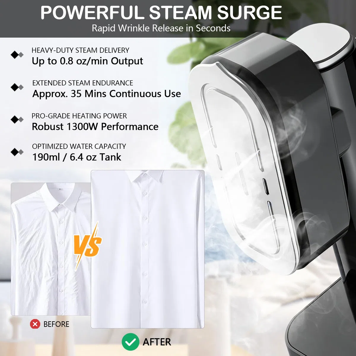 Steamer - Piastra a vapore portatile da 1300 W, con serbatoio dell'acqua da 190 ml, riscaldamento rapido, display digitale, 4 livelli di vapore con asciugatura e autopulente