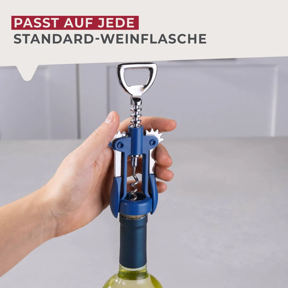 Fackelmann Cavatappi a leva Essential, apribottiglie multifunzione per vino & Co, blu scuro/argento