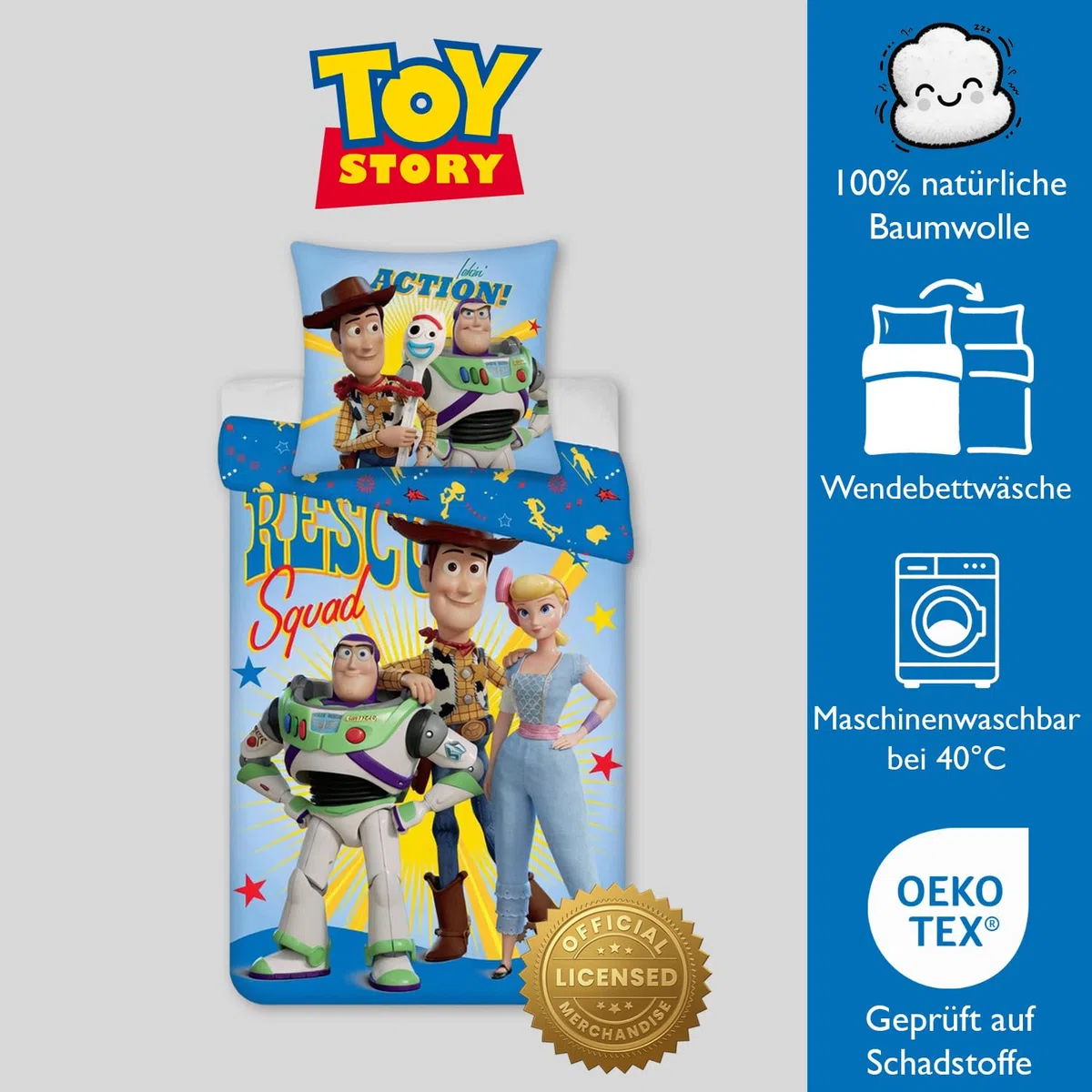 Toy Story - Biancheria da letto per bambini, 100% cotone, reversibile, 135 x 200 cm, con federa 80 x 80 cm, certificata Oeko-Tex Standard 100, design Disney Pixar Rescue Squad