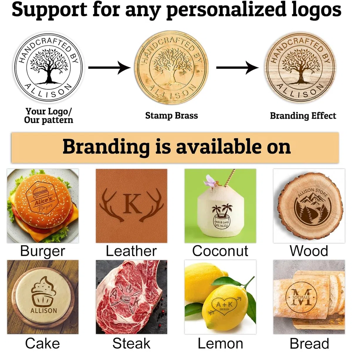 Ferro da stiro personalizzato per hamburger in legno, pelle, carne, logo personalizzato, per regali artigianali (3.8cm)