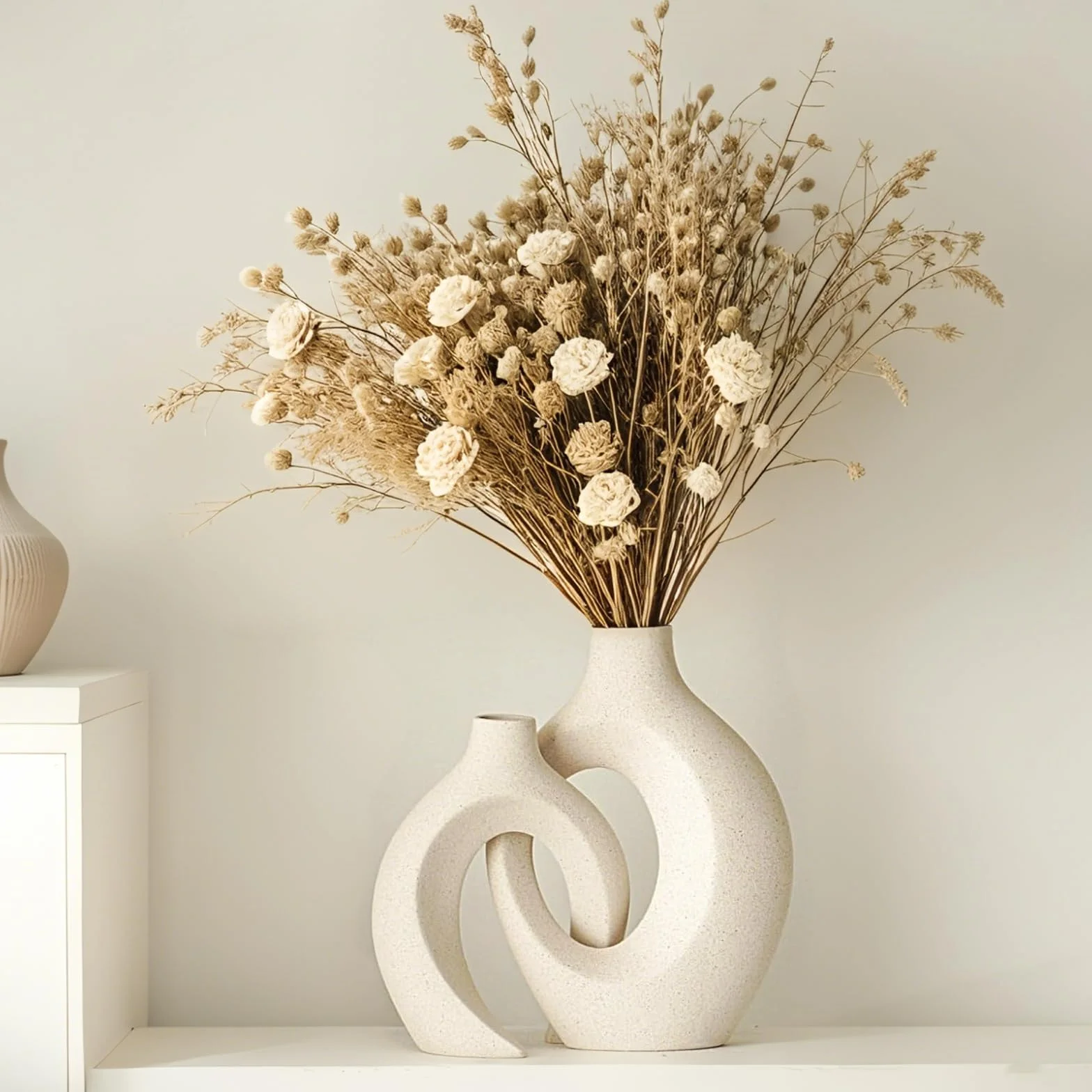 Set di 2 Vaso Cavi in Ceramica, Vaso Decorativo da Interno Moderno Beige per Nordico, Arredamento Casa Vasi di Fiori Estetici Boho Rotondi per Casa, Decorazioni Casa Vase, Beige