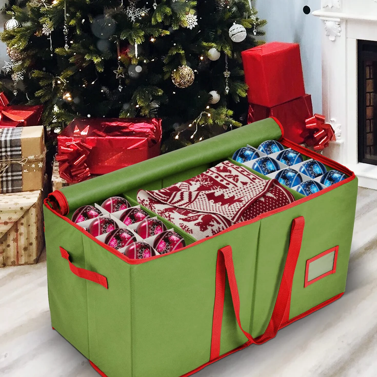 Holiday Cheer Contenitore per palline di Natale di alta qualità, perfetto per decorazioni natalizie e ornamenti, adatto per 128 ornamenti natalizi, tessuto antistrappo (verde)
