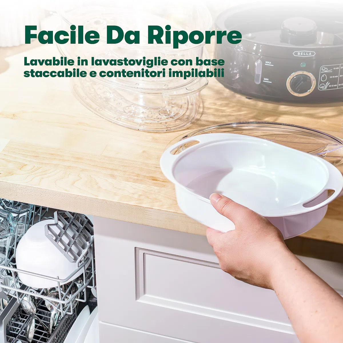 bella Vaporiera a Due Livelli con Contenitori Impilabili e Base Staccabile per Una Cottura Rapida e Simultanea - Spegnimento Automatico e Protezione Contro l'Ebollizione a Secco, Capacità 7 L, Nero