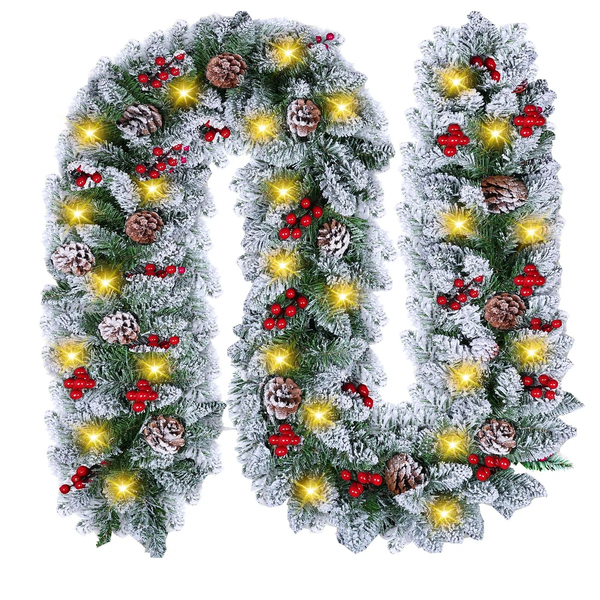 Ghirlanda natalizia con illuminazione 30 LED - Ghirlanda di abete da 2,7 m con palline di fiori illuminate - Ghirlanda natalizia in rattan natalizia per scale interni esterni natalizi