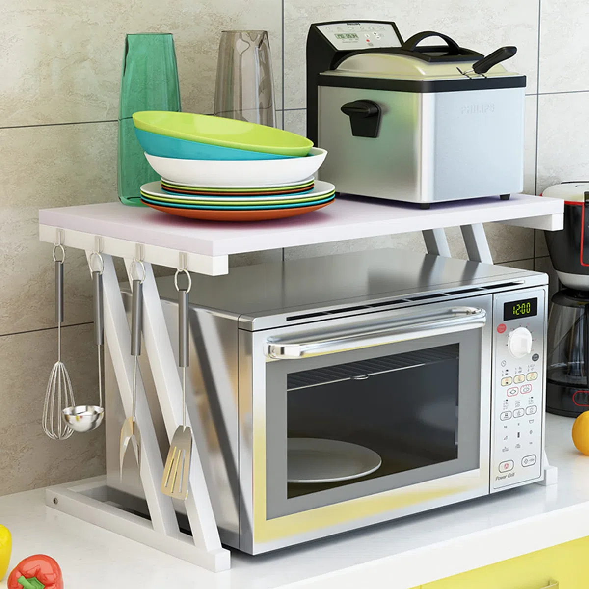 LANTUS Scaffale mobile per microonde con struttura in metallo con ripiano in legno MDF organizer per utensili da cucina, design moderno, dimensioni: 54 x 35 x 34,5 cm, bianco