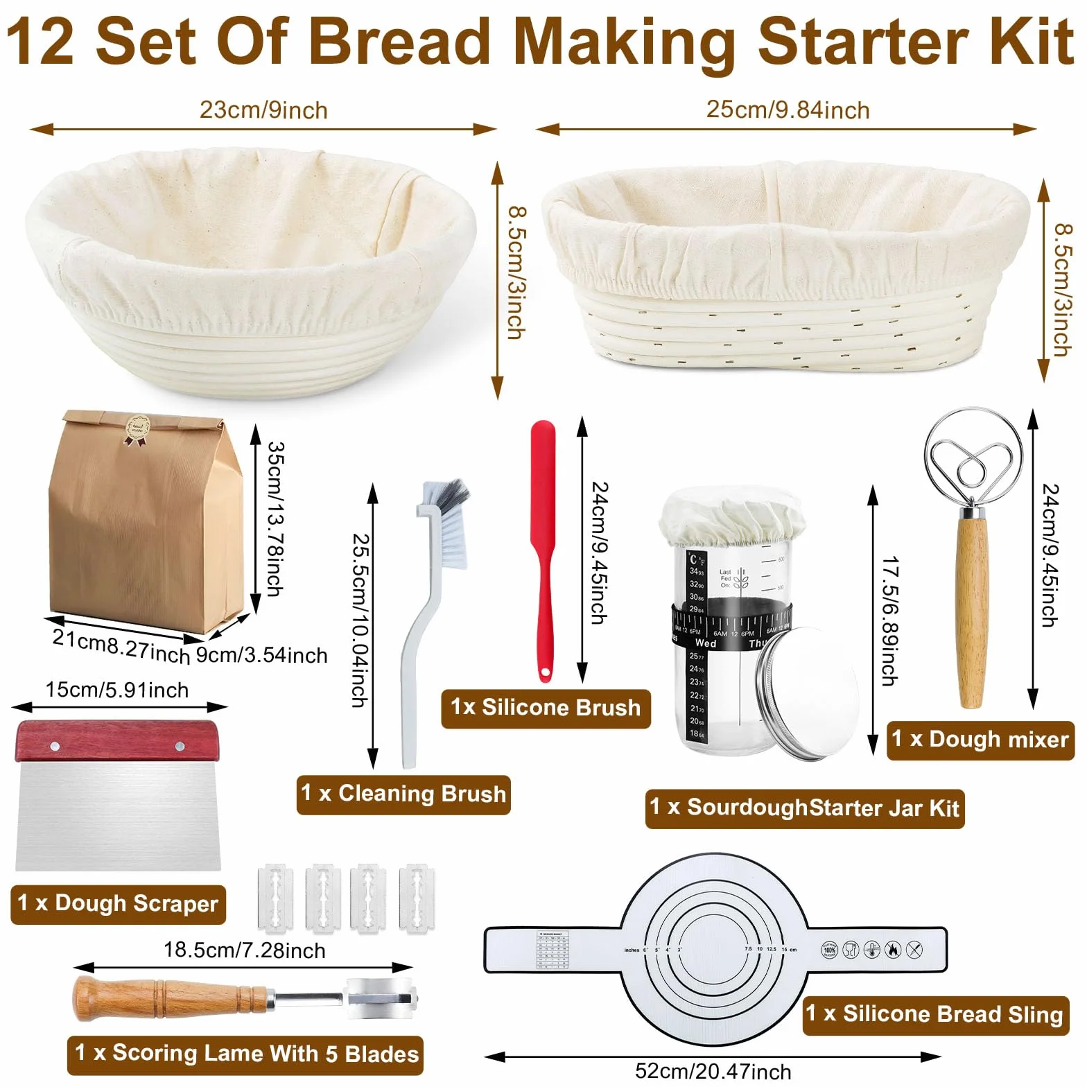 Set completo per lievito naturale 12 pezzi: cestino per pane ovale da 25 cm e cestino rotondo da 23 cm, supporto per pane in silicone, barattolo per fermentazione del lievito, set di
