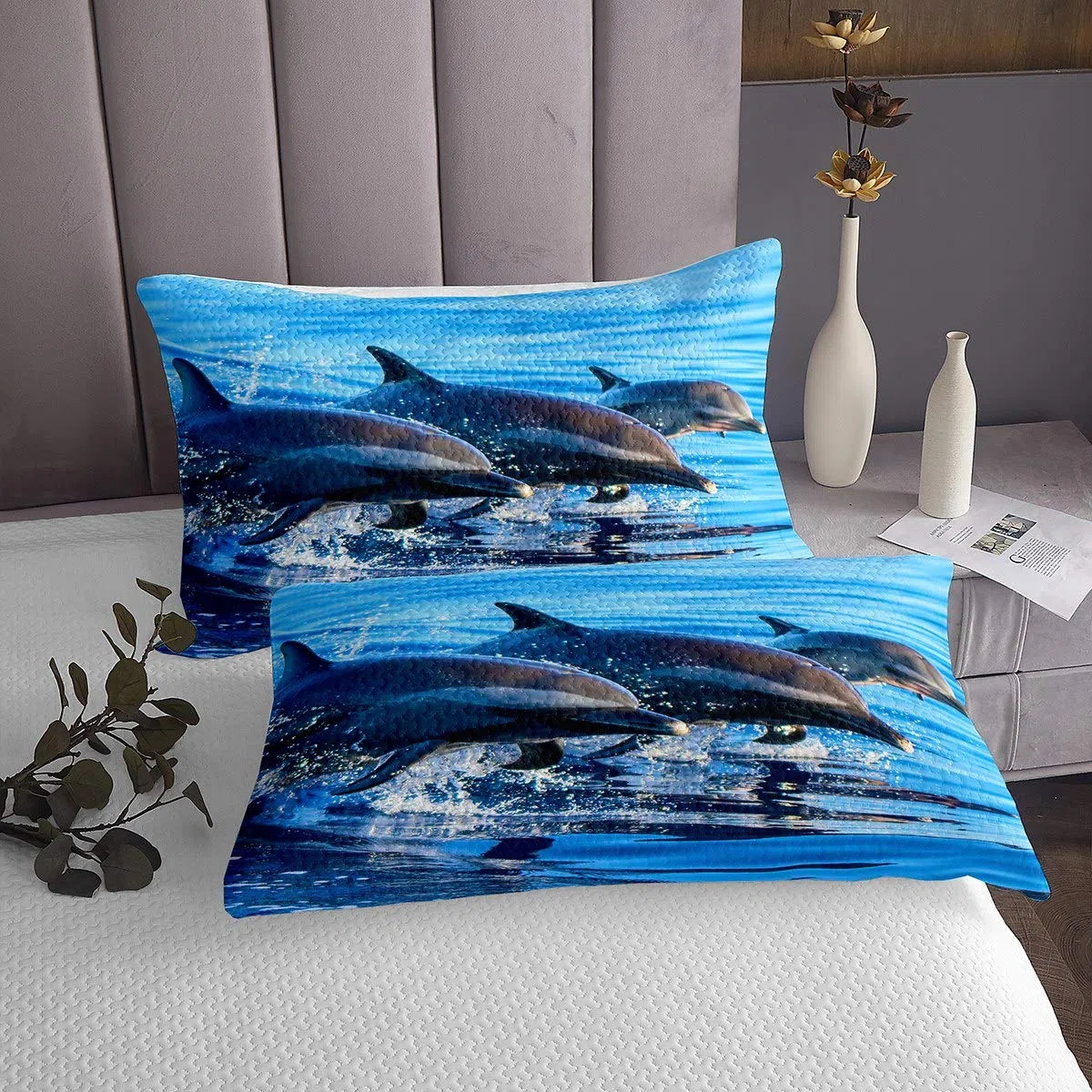 Set Copriletto Trapuntato per Bambini con Tema Delfino, Carini Animali Marini, Copriletto Trapuntato per Camera dei Bambini, Ragazzi e Ragazze, Blu, Motivo Vita Marina Hawaiana, Biancheria da Letto