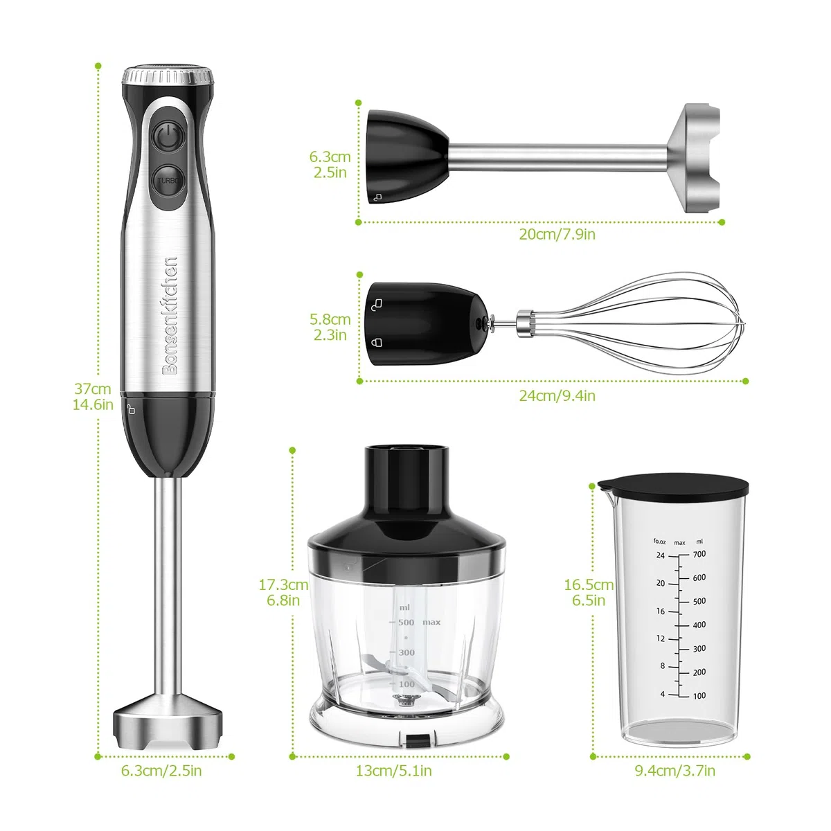 Bonsenkitchen Frullatore a Immersione Multifunzione 4 in 1, Minipimer in Acciaio Inox, 1000 W, 20 Velocità Regolabili, con Frusta, Tritatutto da 500 ml e Misurino da 700 ml, HB3203