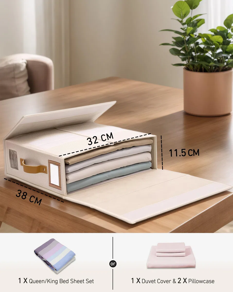 Lino Organizer Lenzuola per Armadio, 3 Scatola Organizer per Biancheria Pieghevole con Cerniera e finestra, Scatole Per Rigide da Letto per Lenzuola, Copripiumini, Vestiti e Coperte, Beige