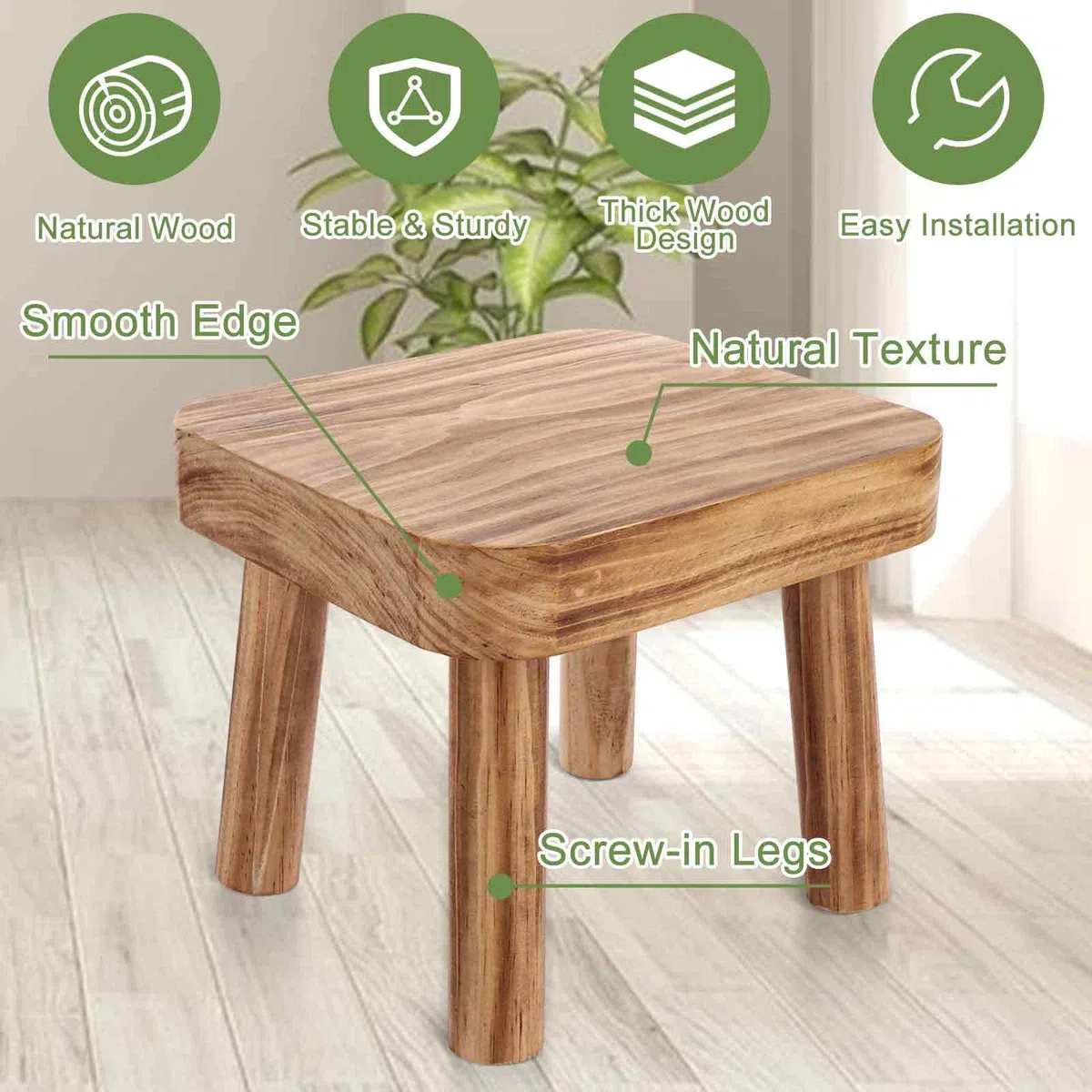 DAJAVE Piccolo sgabello in legno, sgabello per piante, sgabelli per mungitura in legno, sgabelli per interni per bambini, tavolino per piante da appartamento, comodino per camera da letto, 24 x 22 x