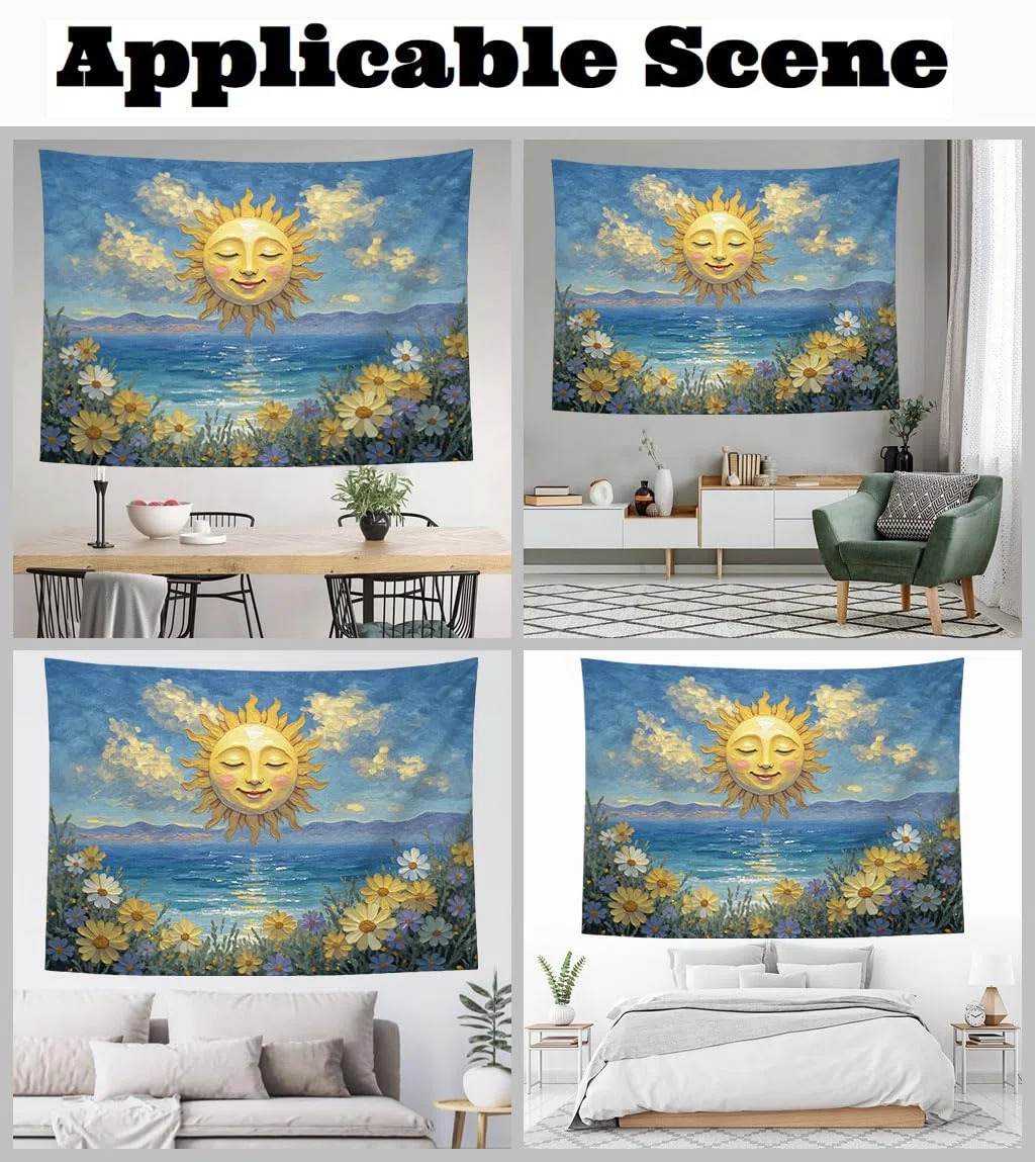 Arazzo Paesaggio Marino,da appendere alla parete,Arazzo Dipinto Olio Raffigurante Un Sole Sorridente Una Spiaggia Fiori da Parete per Dormitorio,Camera da Letto e Soggiorno,230x180cm,giallo verde