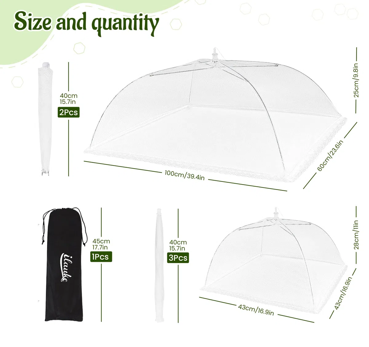 ilauke Set di 5 Cappelli da Mosca, 2 Grandi Pieghevoli (100 x 60 cm) e 3 coperture Pieghevoli Standard per Torte per Frutta, Cibo, Barbecue, Feste, Buffet, Picnic,con Custodia, Colore Bianco