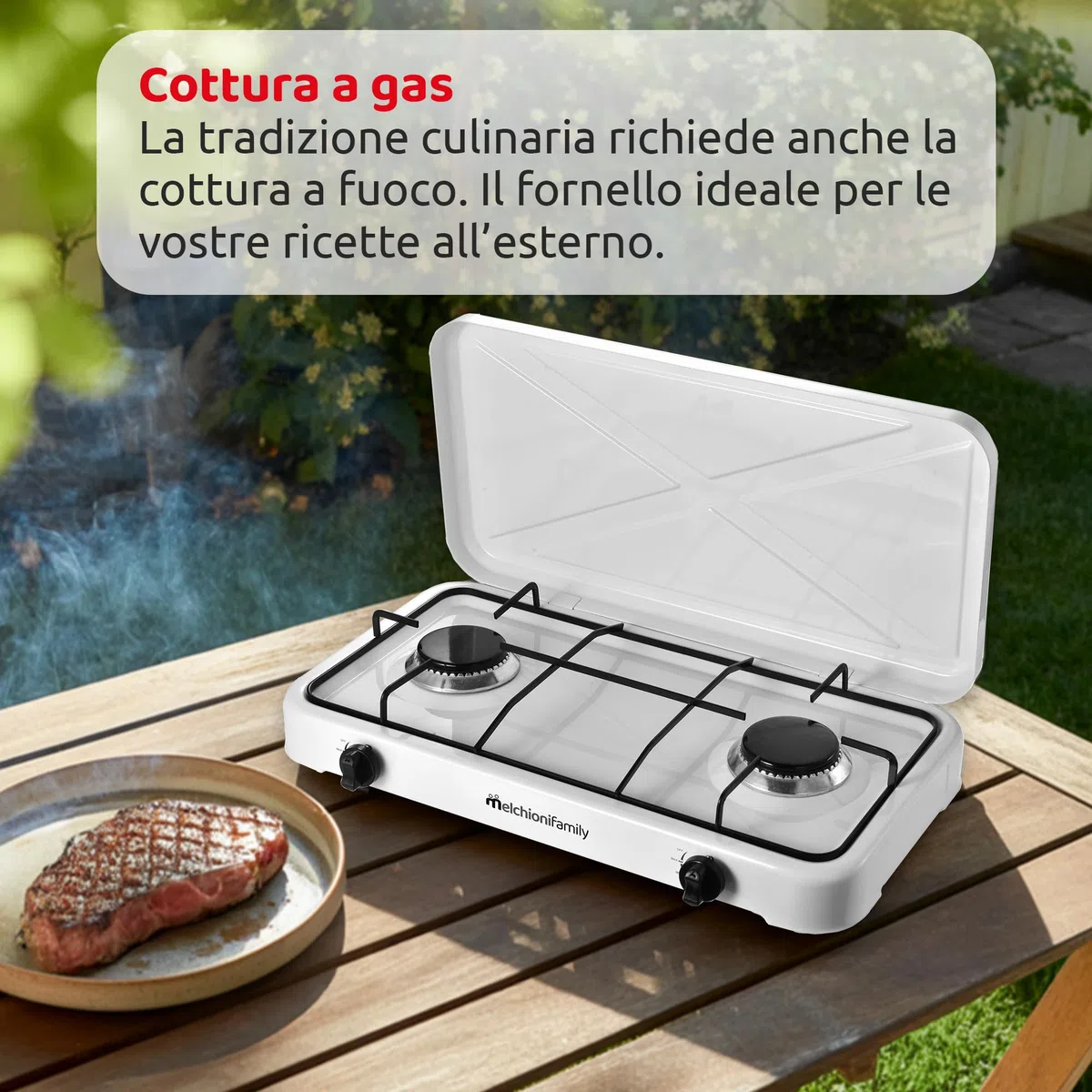 Melchioni Family | Fornello a Gas da Campeggio MINERVA 2 con 2 Fuochi, Fornelletto GPL Portatile con Coperchio, Griglia e Fuochi Removibili, Bianco